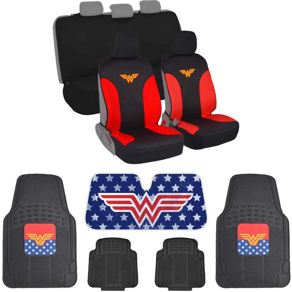 Wonder Woman Car Accessory Gift Set - Waterproof Front & Rear Seat Covers, Rubber Floor Mats & Auto Sunshade for Cars, SUVs & Trucks | Perfect for Superhero Fans & Themed Car Decor