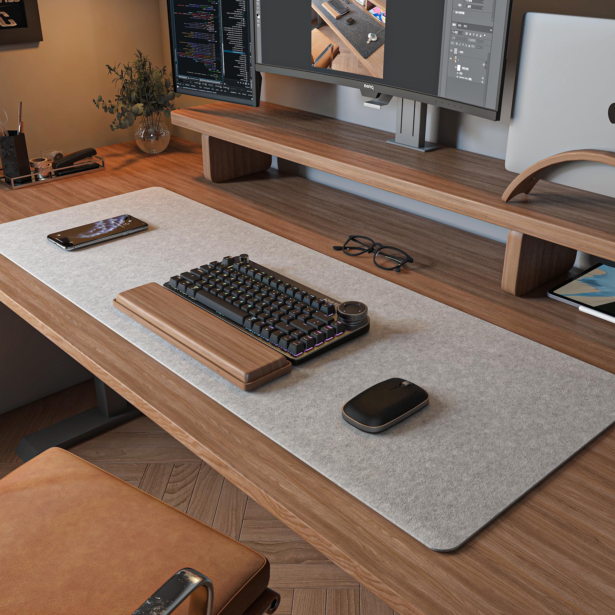 DawnTrees Large Felt Desk Pad & Mouse Mat (35.5x12 Inches) - XL Computer Keyboard Mat, Office Desk Protector for Workstation - Light Gray | Perfect for Home Office, Gaming Setup & Workspace Organization