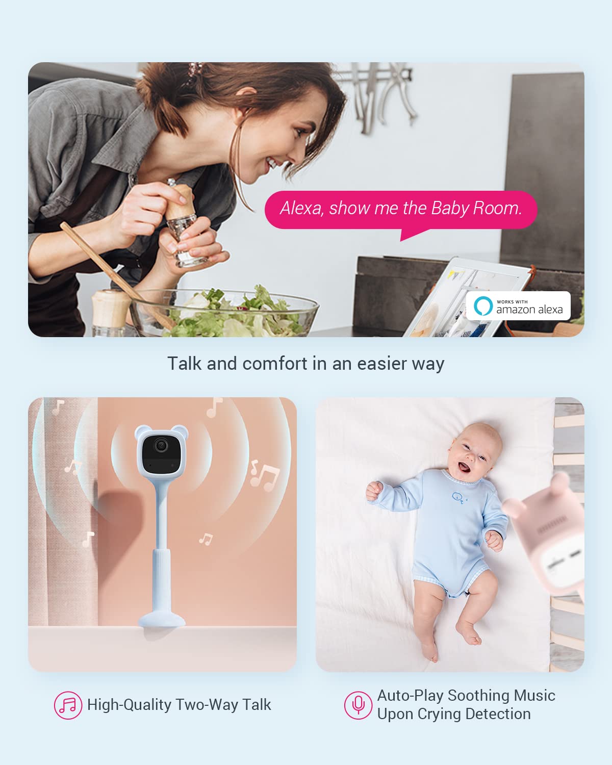 EZVIZ BM1 Bear Wireless Baby Monitor with Crying Detection & Auto-Play Soothing Music - Indoor Security Camera with Two-Way Audio, Baby Activity Tracking & Data Privacy Protection - Perfect for Nursery, Bedroom & Home Security Monitoring