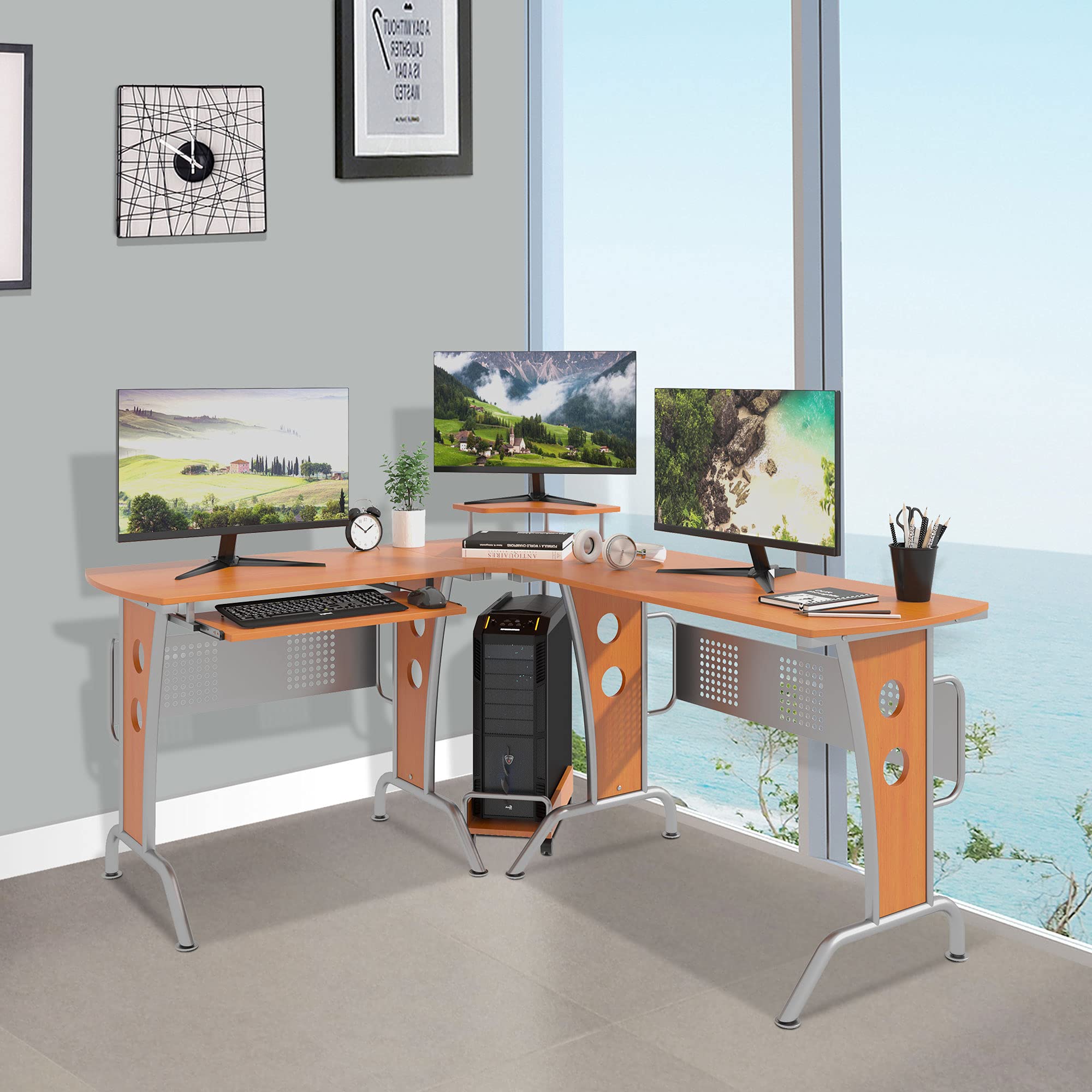 HOMCOM L-Shaped Corner Computer Desk with Elevated Shelf, Rolling Keyboard Tray & CPU Stand - Wood Finish Home Office Workstation for Small Spaces, Gaming & Remote Work