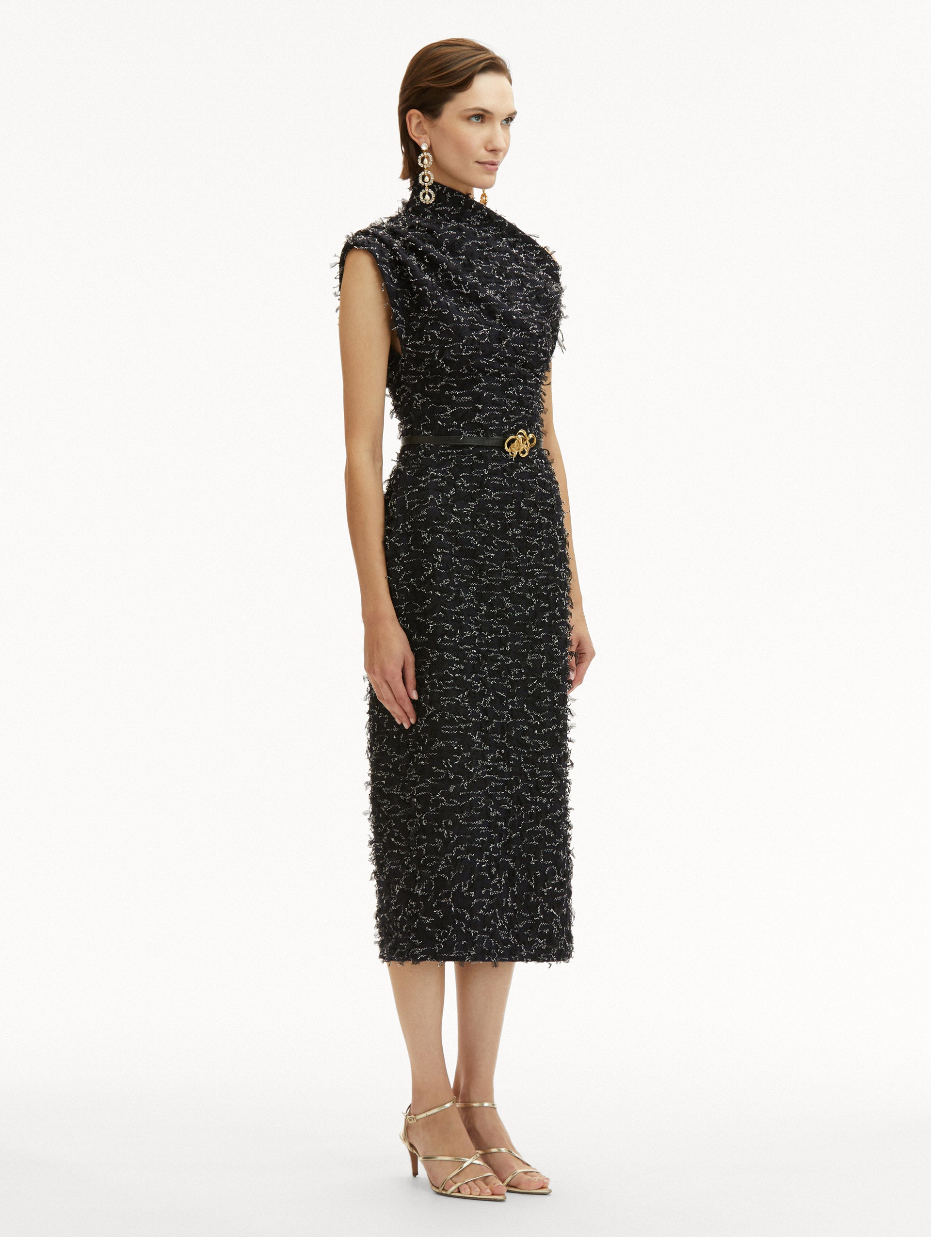 Elegant Eyelash Tweed Pencil Dress for Women - Office, Cocktail & Party Wear - Slim Fit Stretch Formal Dress with Pockets