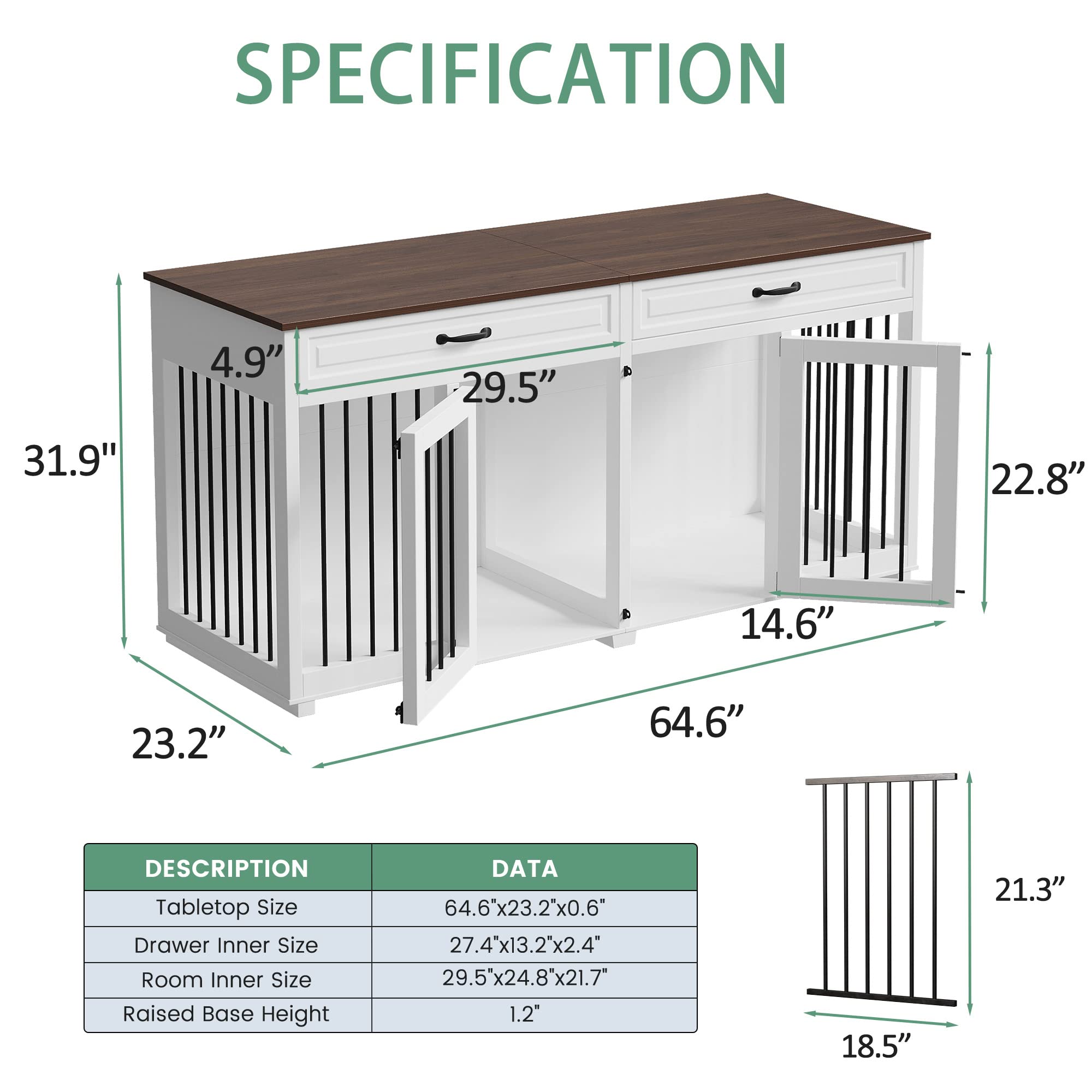 64.6 Inch Heavy Duty Wooden Dog Crate - Furniture Style Indoor Kennel with Drawers & Divider, Double Room Dog House for Large Medium Small Dogs (White) - Perfect for Living Room, Bedroom & Home Decor