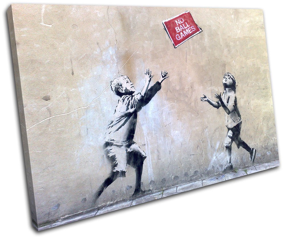 Banksy Street Art Print - No Ball Games 120x80cm Framed Canvas Wall Art | Handmade in UK | Ready to Hang | Perfect for Urban Decor, Living Room & Office Wall Art