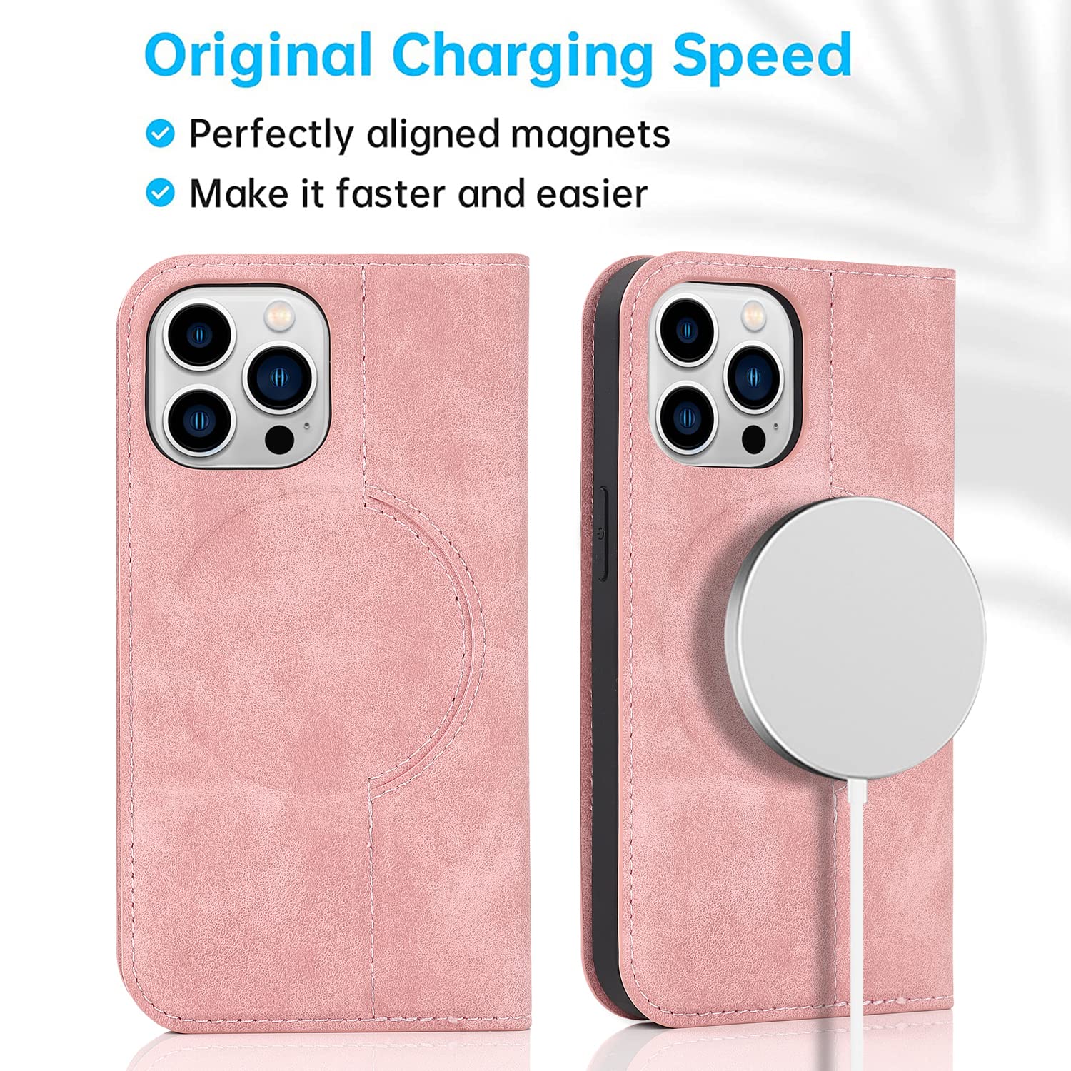 QLTYPRI Magnetic Wallet Case for iPhone 13 Pro Max - Magsafe Compatible, RFID Blocking Card Holder, PU Leather Flip Folio Cover with Kickstand | Shockproof Protective Phone Case in Rose Gold | Perfect for Travel, Work & Everyday Use