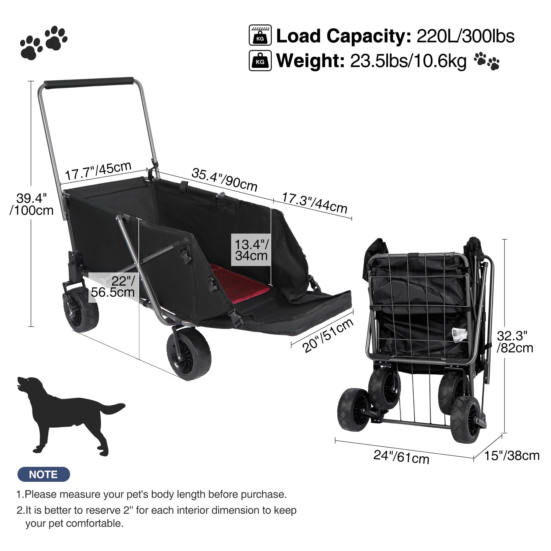 **REDCAMP Heavy Duty Folding Dog Wagon Cart - 220L Large Collapsible Utility Cart with Extendable Rear Tailgate for Pets, Sports & Shopping - Black | Perfect for Outdoor Adventures, Beach Trips & Grocery Hauling**
