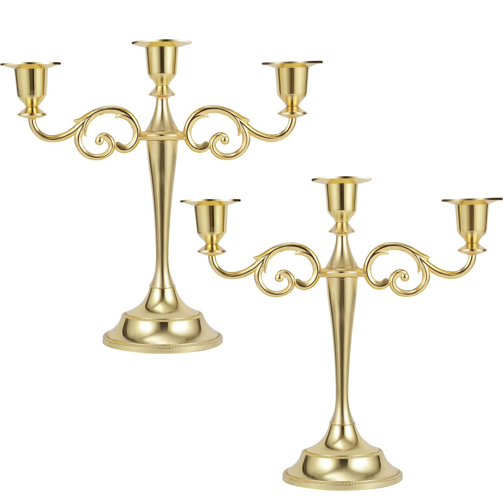 **Dyna-Living 3-Arm Gold Metal Candelabra Candle Holder Set (2pcs) - Elegant Tall Candlestick Stand for Long Taper Candles - Perfect for Weddings, Anniversaries, Parties & Home Decor**