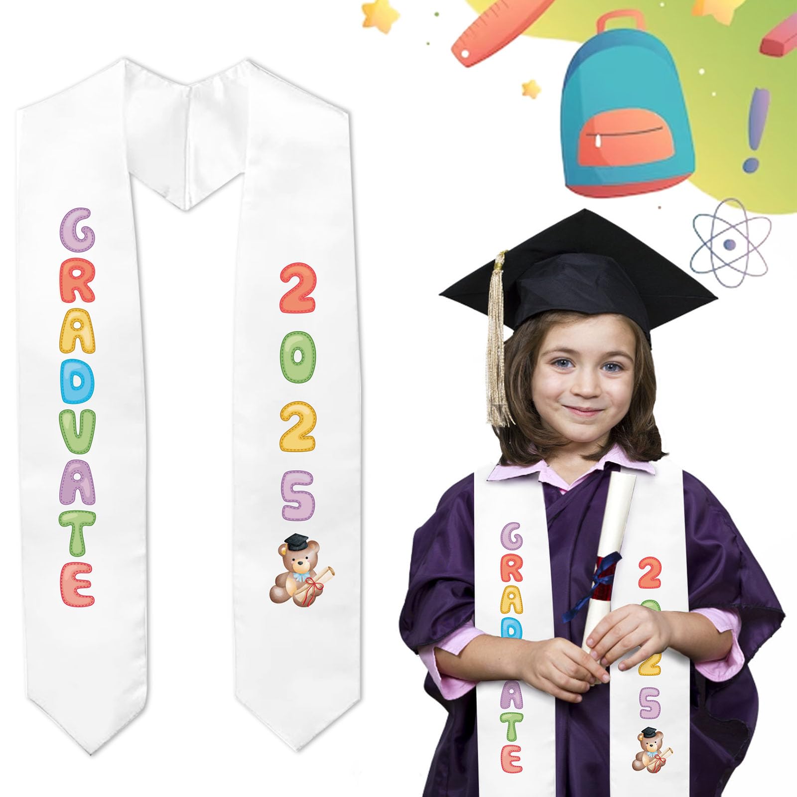 2025 Kindergarten Graduation Sash - White Preschool Graduation Stole for Class of 2025, Party Favors & Ceremony Decorations - Perfect for Preschool Graduation Parties, Photo Props & School Celebrations