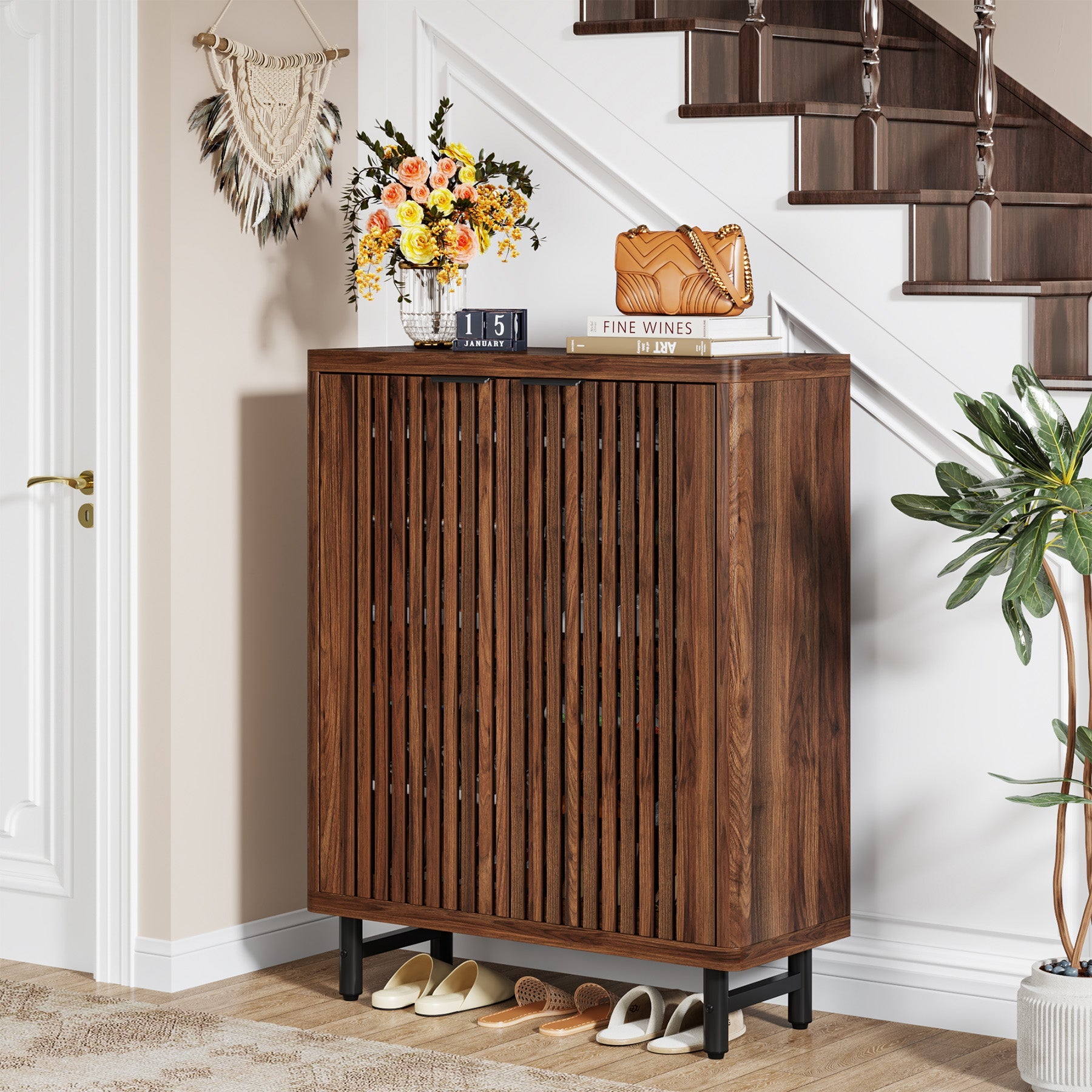 6 Tier Wooden Shoe Cabinet with Louvered Doors & Adjustable Shelves - Space Saving Entryway Storage Organizer for Shoes, Boots & Home Decor - Perfect for Hallway, Closet & Apartment Living