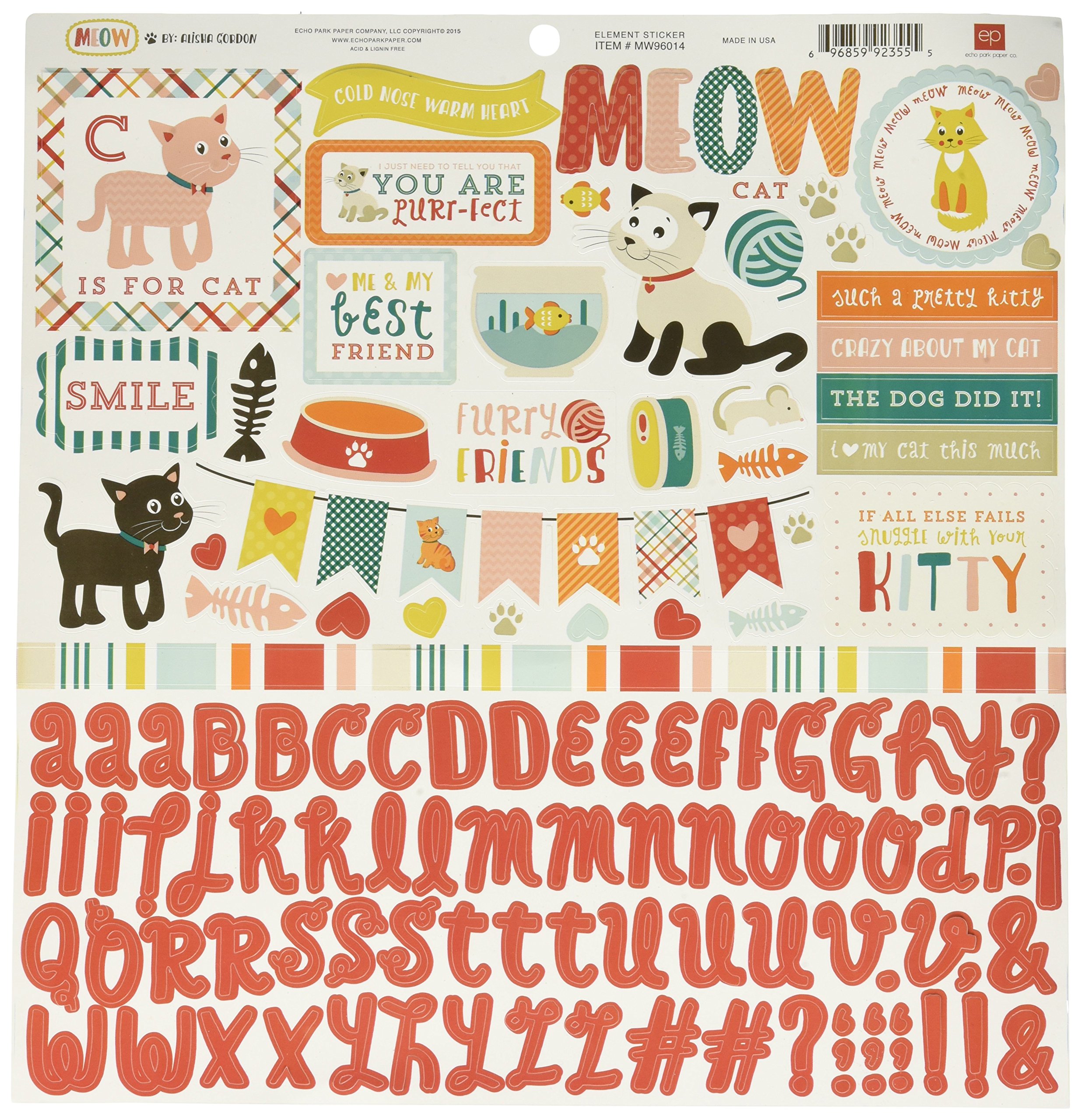 Echo Park Paper Co. Meow Element Stickers - Cute Cat-Themed Scrapbooking Decals for DIY Cards, Journals, and Planners - Perfect for Crafting, Scrapbooking, and Gift Wrapping