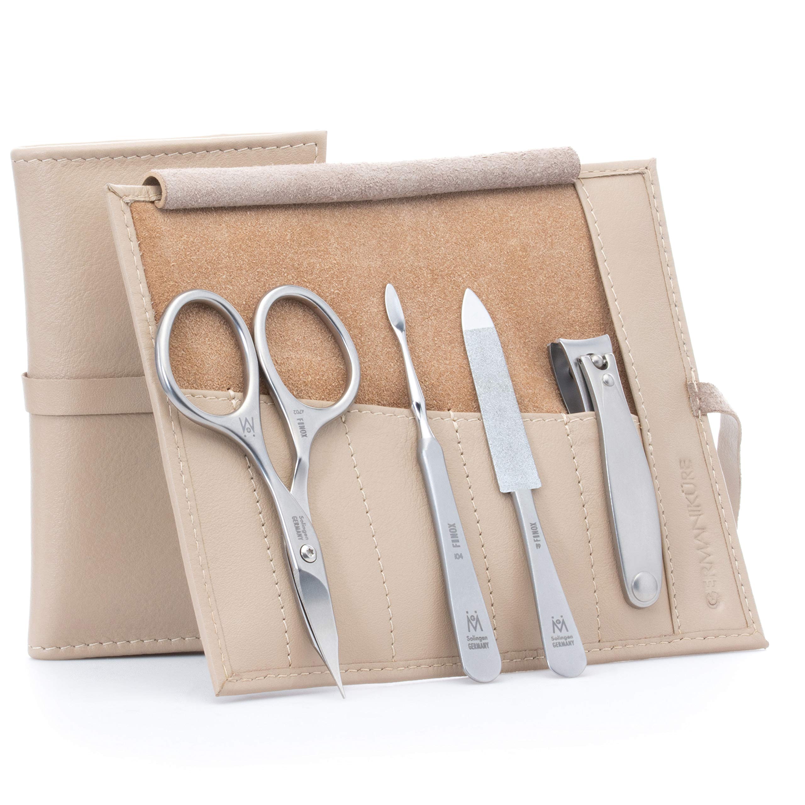 GERMANIKURE 4-Piece Professional Manicure Set in Beige Leather Case - Premium Solingen Germany Stainless Steel Nail Tools - Compact Grooming Kit for Home, Travel & Salon Use