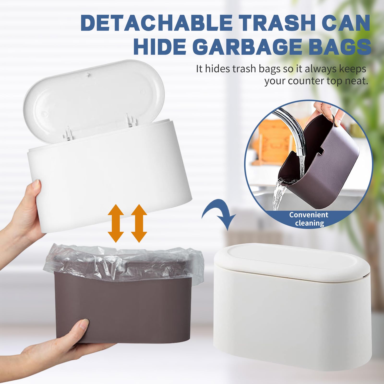 Mini Trash Can with Lid - Small Removable Garbage Bin, Compact Plastic Waste Basket for Bathroom, Office, Kitchen, Desk & Coffee Table | Pop-Up Countertop Lint Bin | Perfect for Home, Office & Travel Use (White)