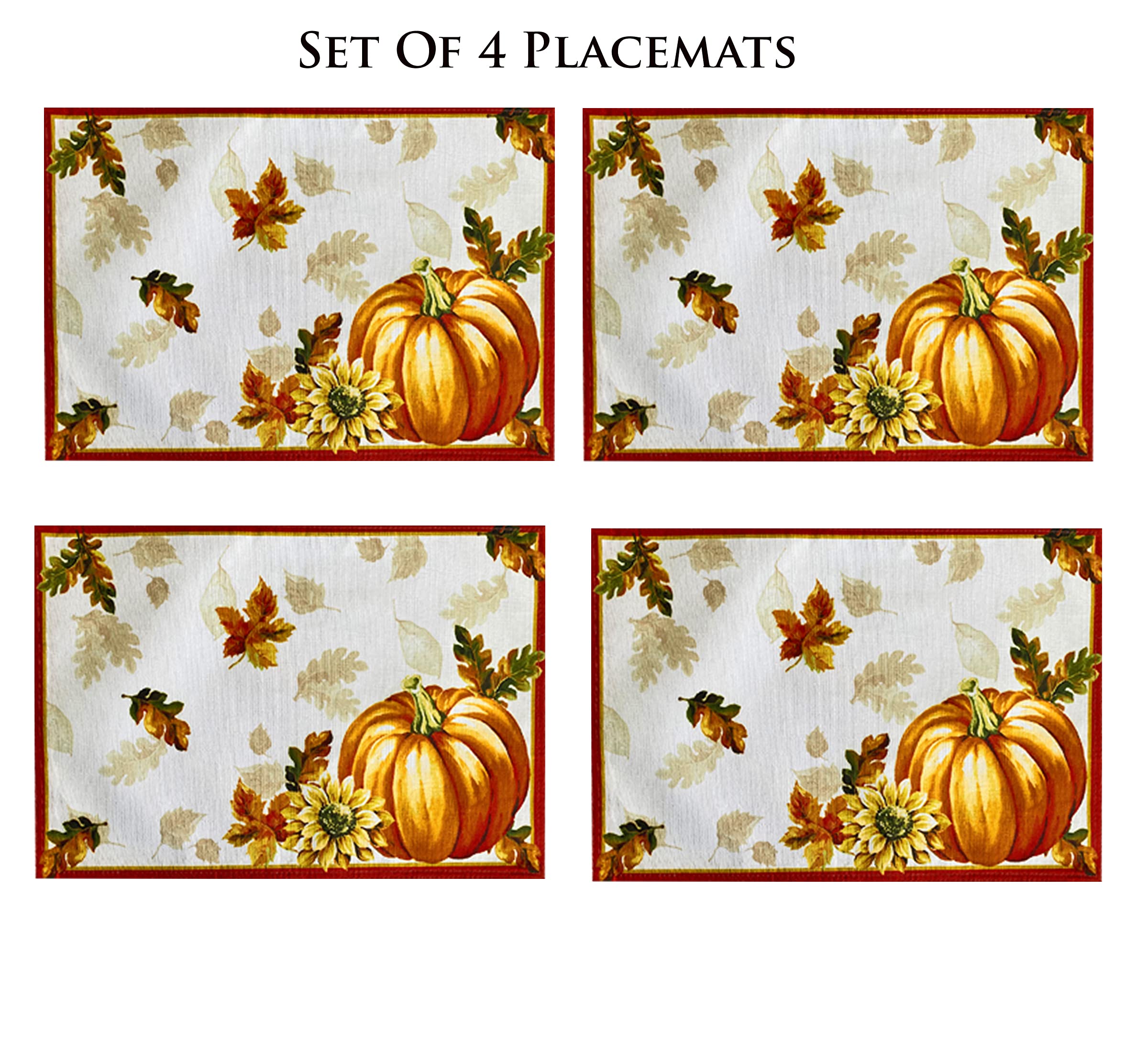 Newbridge Thanksgiving Autumn Harvest Bordered Fabric Placemats - Set of 4 Fall-Themed Pumpkin & Sunflower Print Table Mats - Soil & Stain Resistant for Holiday Dining, Dinner Parties & Cozy Family Gatherings