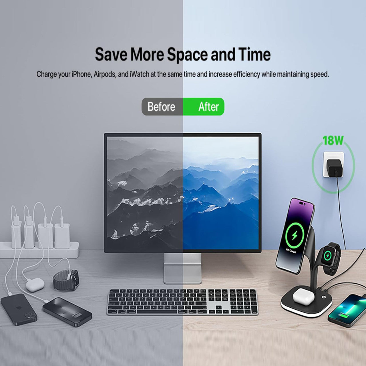 5 in 1 Wireless Fast Charging Station for iPhone, Samsung & AirPods - Multi Device Charger with Night Light - Perfect for Bedroom, Office & Travel