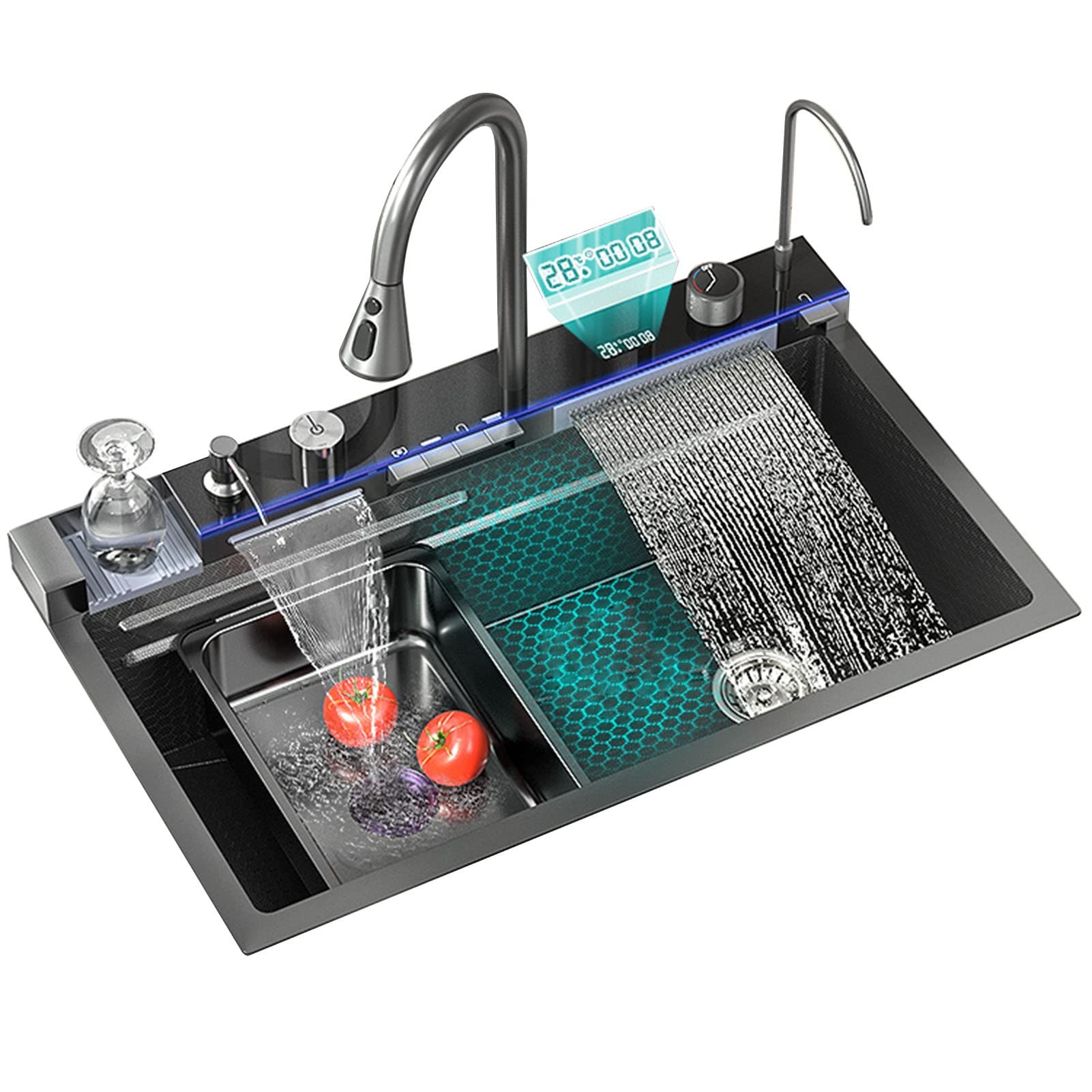 Black Stainless Steel Waterfall Kitchen Sink with Pull Down Spray Faucet - Single Bowl Workstation with Accessories | Perfect for Modern Kitchens & Food Prep Areas