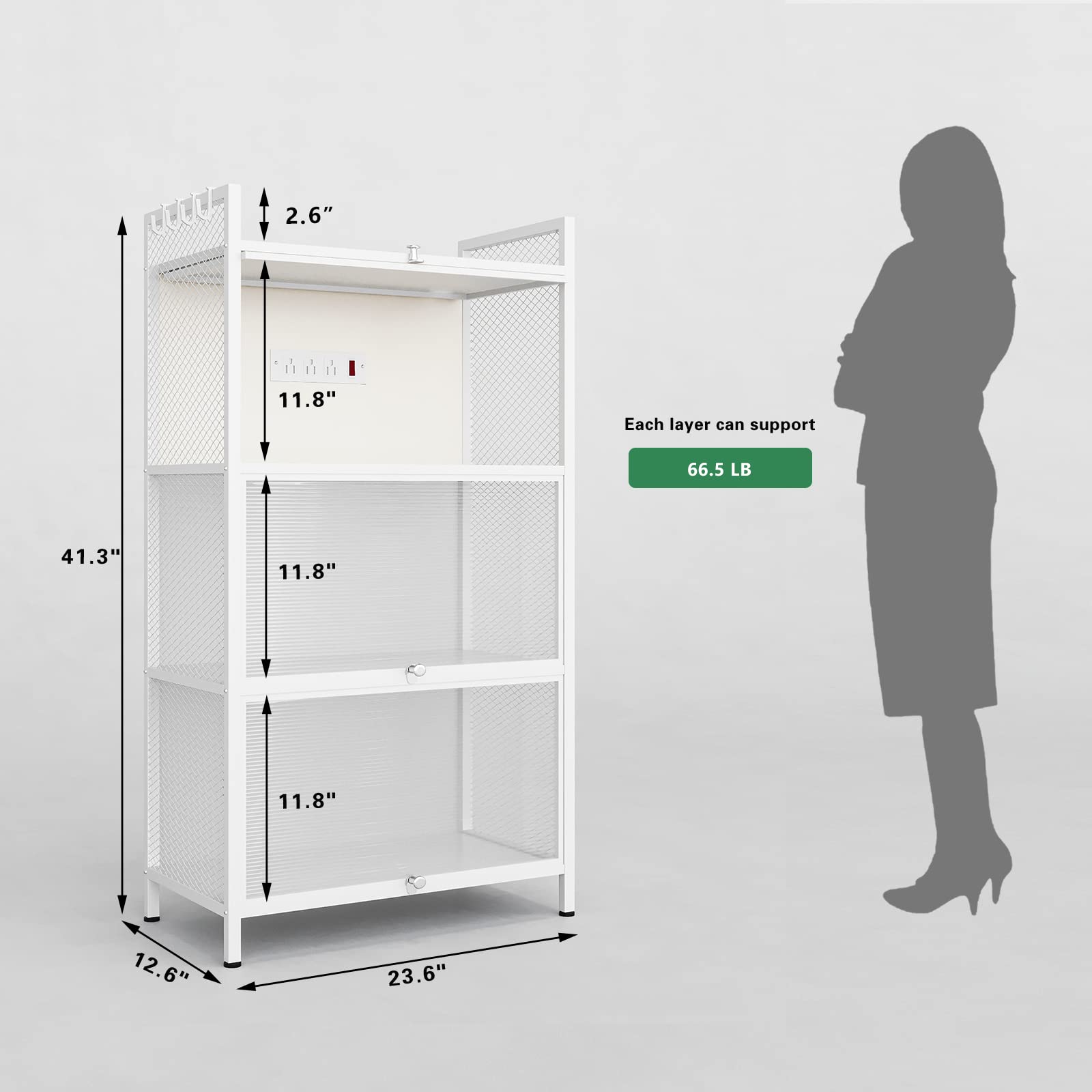 4-Tier Metal Bakers Rack with Power Outlet - Microwave Stand, Coffee Station & Kitchen Storage Shelf with 8 Hooks - Organize Spices, Pots, Pans & Baking Supplies - Perfect for Small Kitchens, Apartments & Coffee Shops (White)