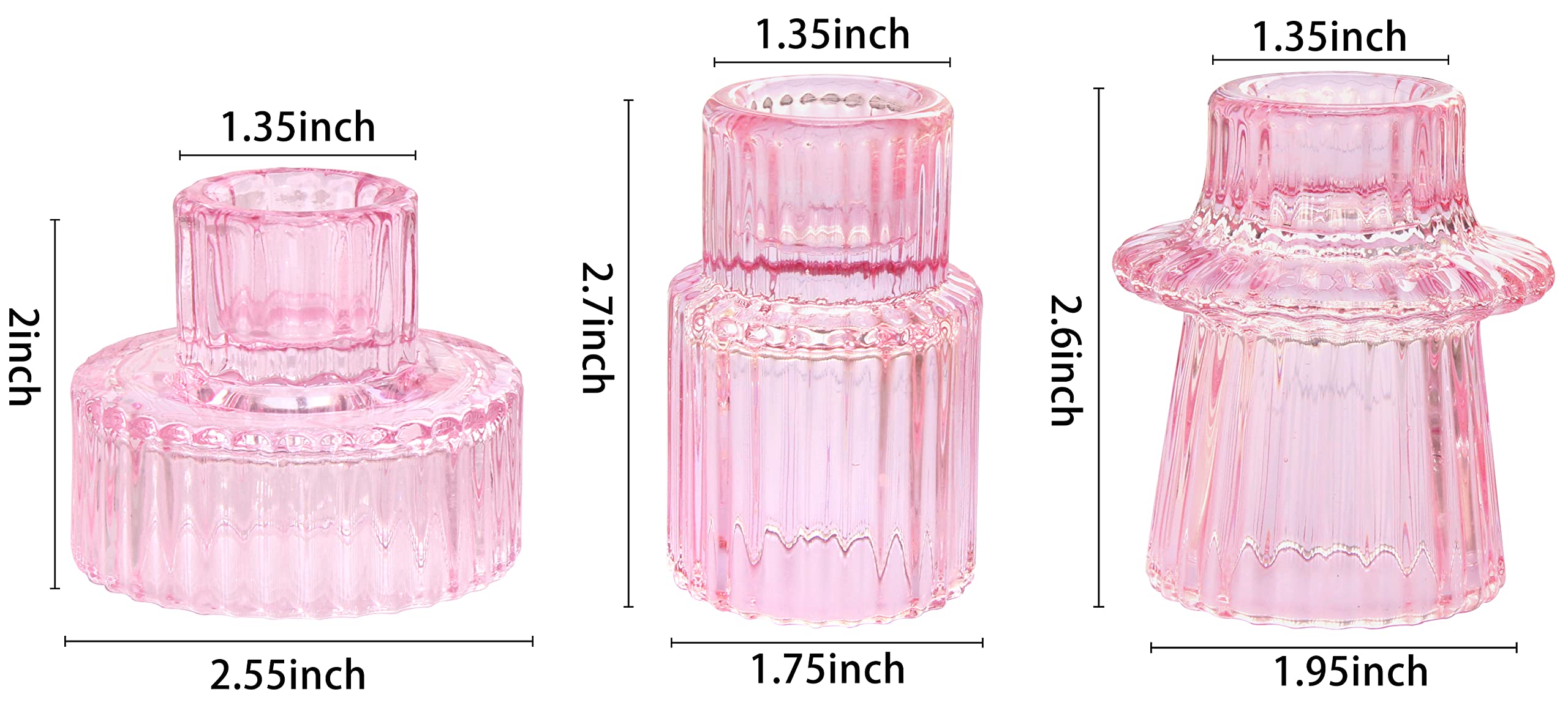 Vixdonos Set of 3 Pink Glass Candlestick Holders - Elegant Candle Holders for Taper, Pillar & Tealight Candles - Perfect for Weddings, Romantic Dinners & Home Decor