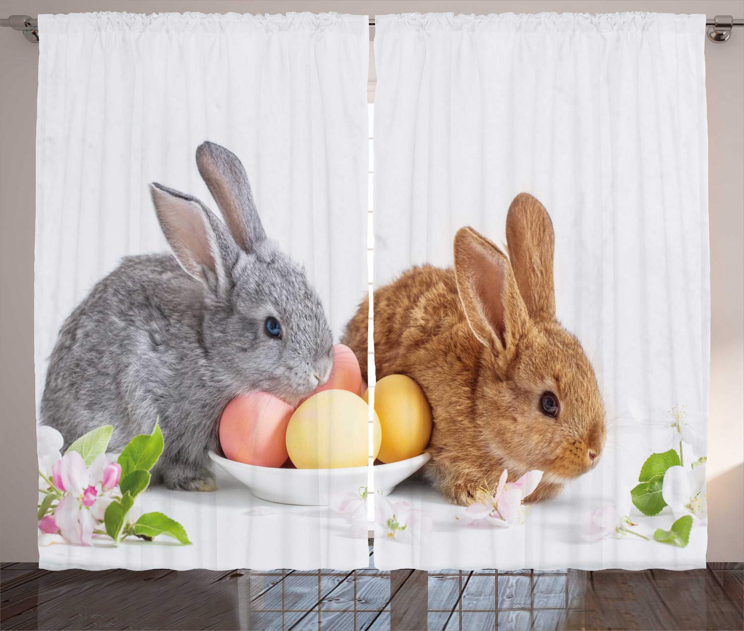 Ambesonne Easter Bunny Curtains - 2 Panel Set with Grey & Brown Rabbit Design, Floral Spring Pattern (108