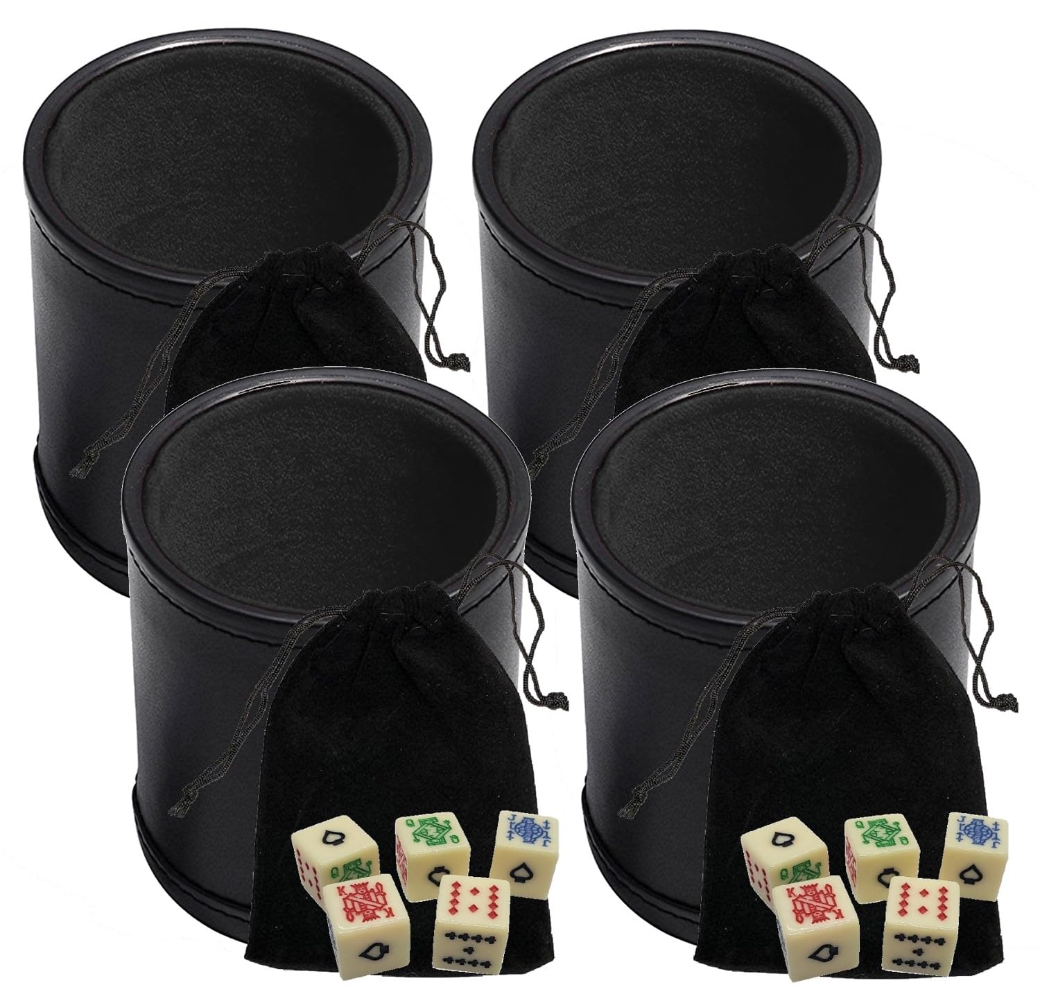 Premium Black PU Leather Dice Cup Set with 16mm Ivory Poker Dice & Storage Pouch - 4 Pack for Casino Nights, Poker Games, Family Board Game Nights & Travel Entertainment