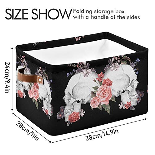 AUUXVA Floral Rose Sugar Skull Halloween Foldable Storage Basket - Large Collapsible Organizer Bin with Handles for Toys, Bathroom, Nursery & Closet (1 Pack) | Perfect for Seasonal Decor, Kids Room Organization & Home Storage Solutions