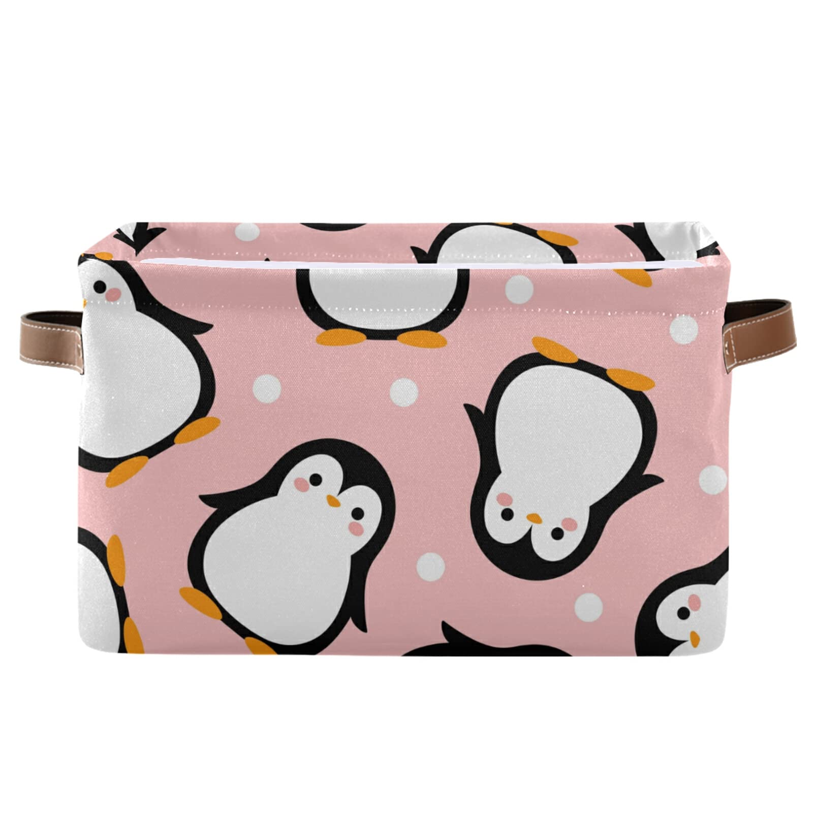 Adorable Penguin Storage Basket with Pink & White Dots - Large Collapsible Organizer Bin with PU Handles (2-Pack) - Perfect for Nursery, Closet, Laundry & Home Organization