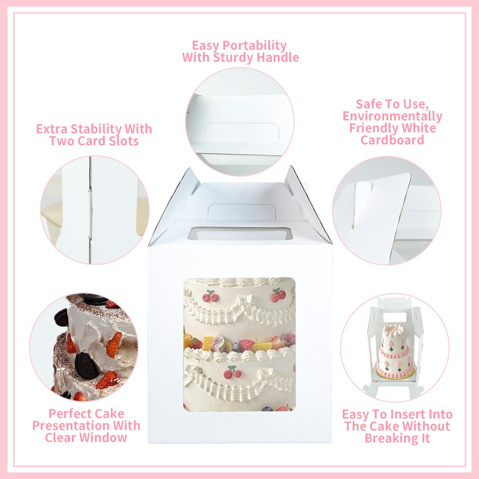 Yeplan 2-Pack 10x10x12 Inch Tall Cake Boxes with Cake Board - Clear Window Tiered Cake Carrier with Handle for Birthday, Wedding & Party - Perfect for Professional Baking, Dessert Transport & Special Occasions