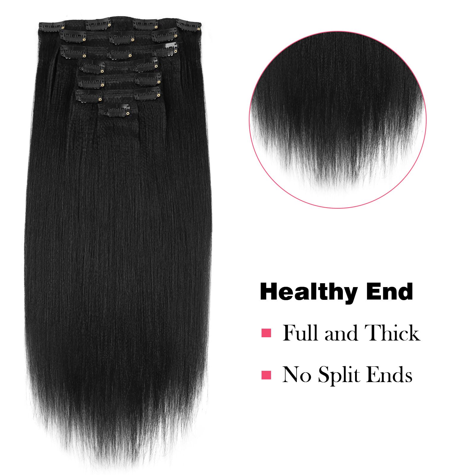 Sassina 22 Inch Yaki Clip-in Human Hair Extensions - Double Weft Remy Straight Hair for Black Women - 7 Pieces with 17 Clips (120g, Jet Black #1) - Perfect for Daily Styling, Parties & Special Occasions
