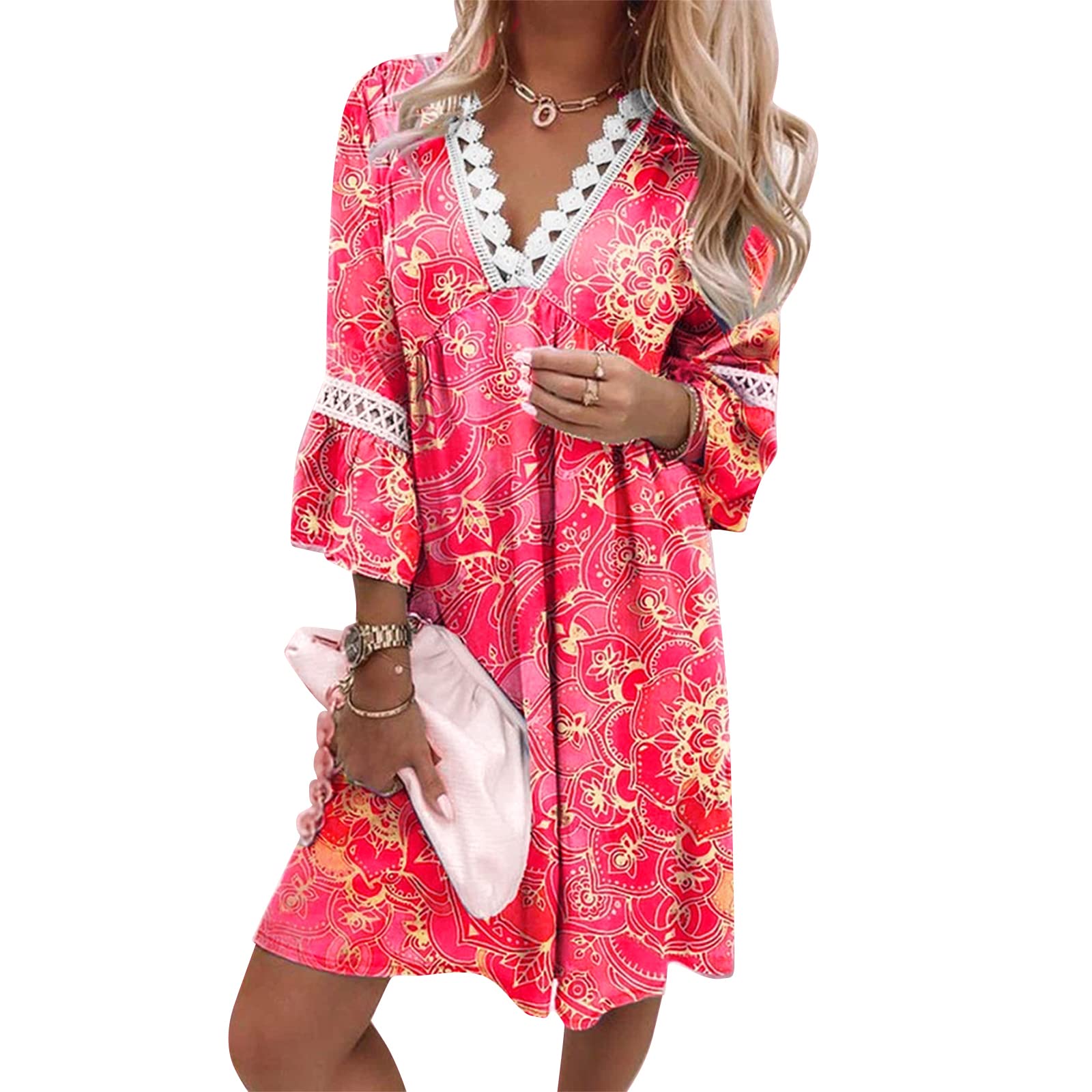 Women's Mini Boho Dress - Sexy Lace Trim V-Neck Tunic with Floral Print | Summer & Autumn Swing Dress for Beach, Vacation & Casual Outings