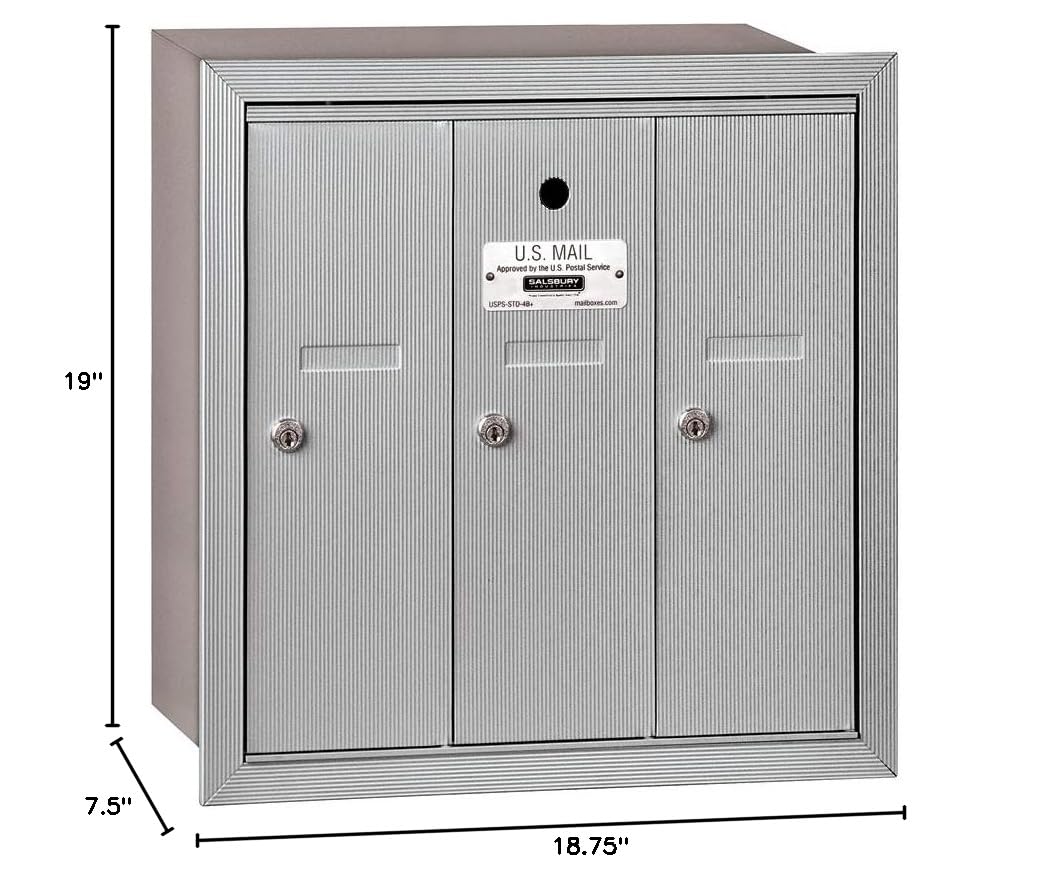 Salsbury Industries 3503ARU 3-Door Recessed Mounted Vertical Mailbox - USPS Approved Aluminum Mailbox for Home & Business Use - Secure Mail Delivery Solution for Residential & Commercial Properties