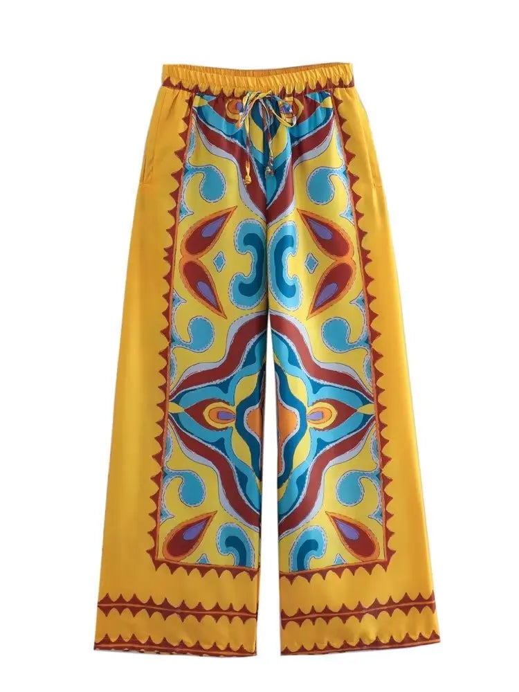 BlingBlingee Summer Printed Women's Wide Leg Pants & Satin Crop Top Set - Y2K Fashion Asymmetric Sleeveless Strapless Outfit for Beach, Party & Casual Wear