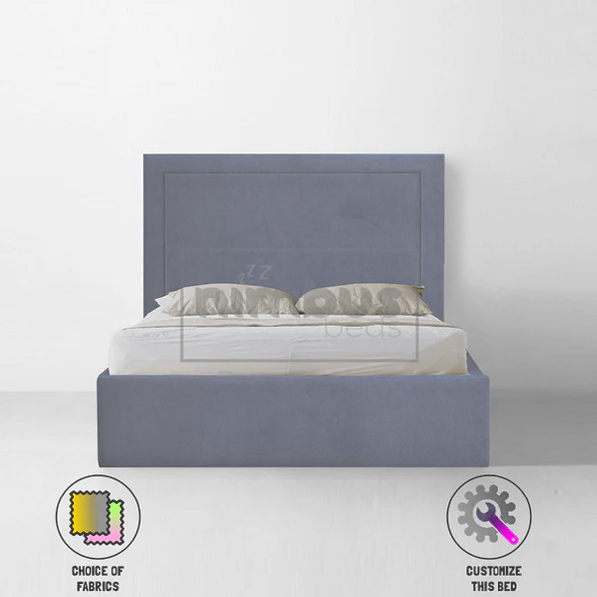 Charlie Studded Bed Frame - Queen Size Metal Platform Bed with Upholstered Headboard, Sturdy Steel Frame for Bedroom, Living Room, Guest Room - Modern & Industrial Style Furniture