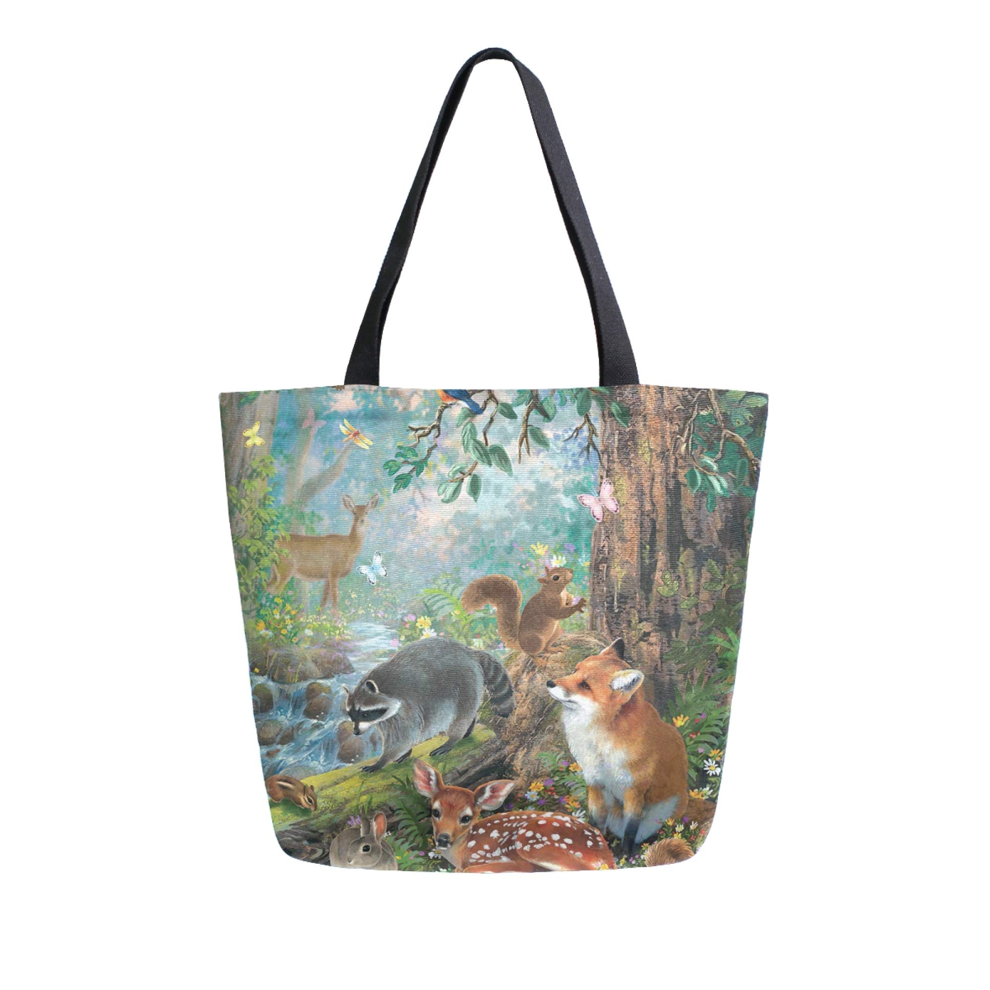 Eco-Friendly Canvas Tote Bag with Fox Deer Rabbit Forest Animal Print - Reusable Grocery Shopping Bag, Travel Handbag & Top Handle Shoulder Bag | Perfect for Groceries, Beach Trips & Daily Commute