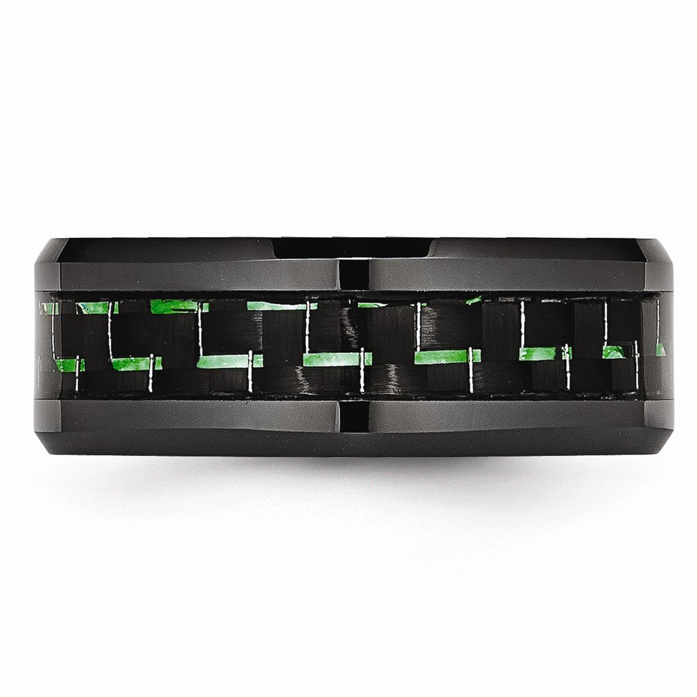 Black Ceramic Wedding Band Ring with Green Carbon Fiber Inlay - Comfort Fit Beveled Edge for Men - Perfect for Engagement, Anniversary & Everyday Wear