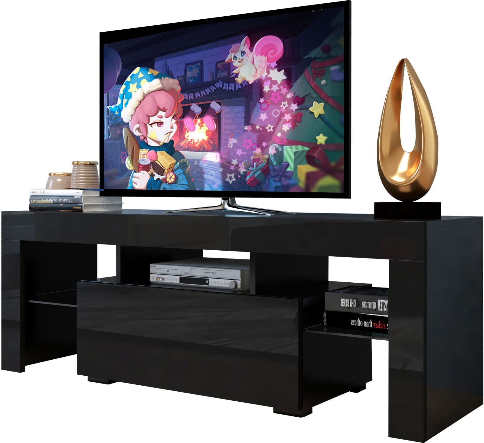 Modern LED TV Stand for 43/50/60 Inch TVs - Universal Entertainment Center with Color Changing Lights & Clear Glass Shelves - Perfect for Gaming, Movie Nights & Home Decor (Black)