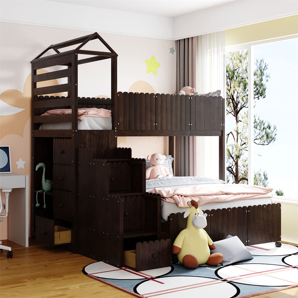 Solid Wood Twin Over Full Bunk Bed Frame with 7 Drawers & 2 Shelves - Space-Saving Low Loft Bed with Safety Guardrails, Storage Staircase & Roof - No Box Spring Needed (Espresso Finish) - Perfect for Kids' Rooms, Guest Bedrooms & Small Spaces