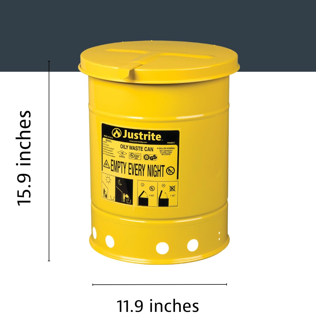 Justrite 6 Gallon Galvanized Steel Oily Waste Can with Self-Closing Lid - 16