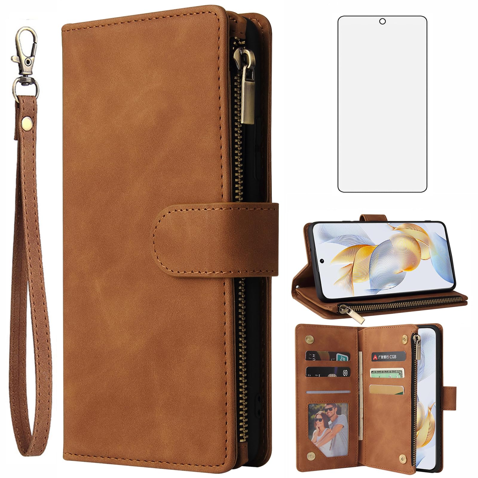 ASUWISH Huawei Honor 90 Wallet Case with Tempered Glass Screen Protector - Leather Flip Cover with Card Holder & Stand | Protective Phone Case for Men & Women (Brown) | Perfect for Daily Use, Travel & Business Meetings
