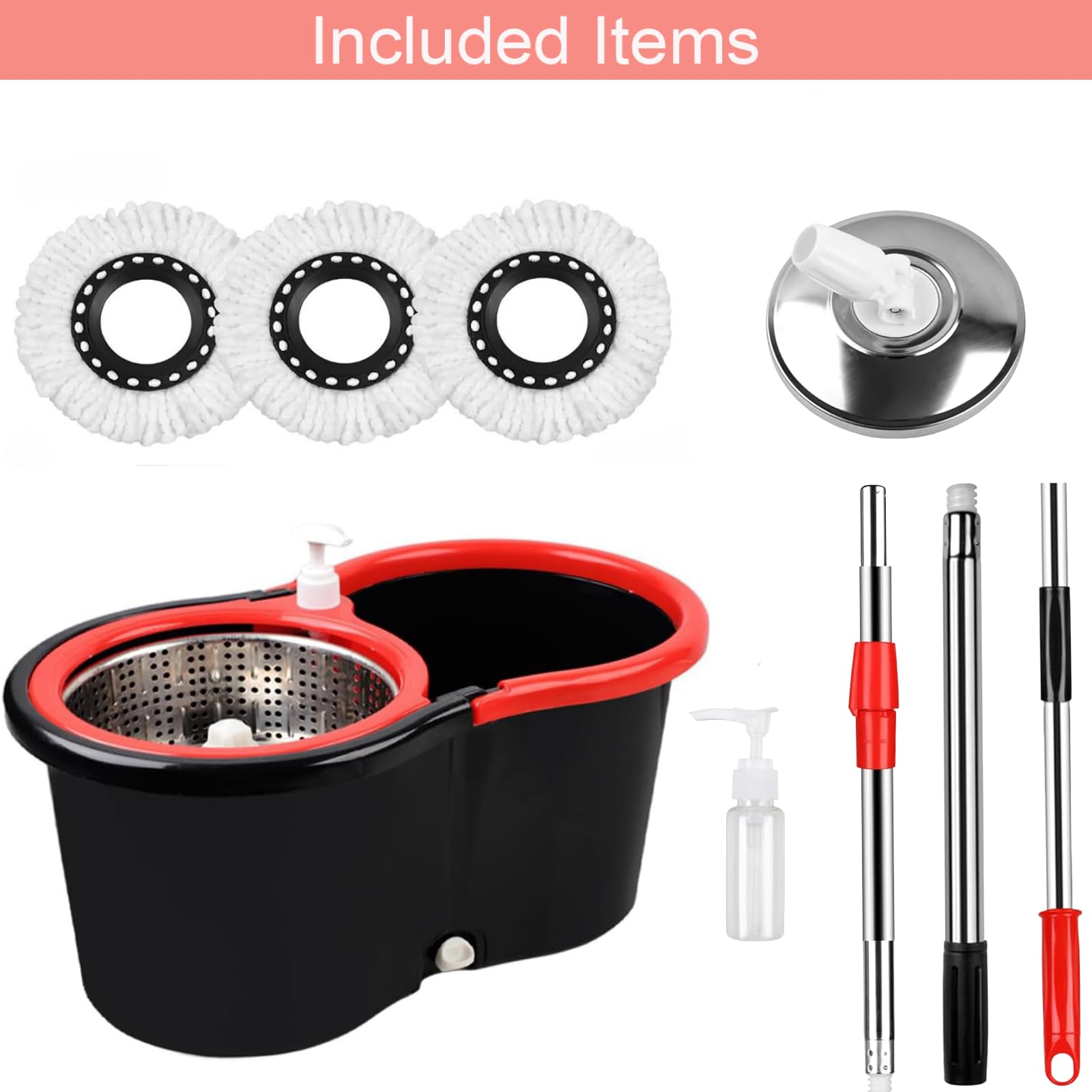 360° Spin Mop and Bucket Set with Wringer - 3 Microfiber Mop Refill Heads & 61
