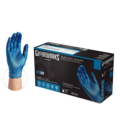 GLOVEWORKS Blue Vinyl Disposable Gloves - 3 Mil Thick, Food Safe, Latex-Free & Powder-Free - Small Size (Box of 100) - Ideal for Food Handling, Cleaning, Healthcare & Light Industrial Use
