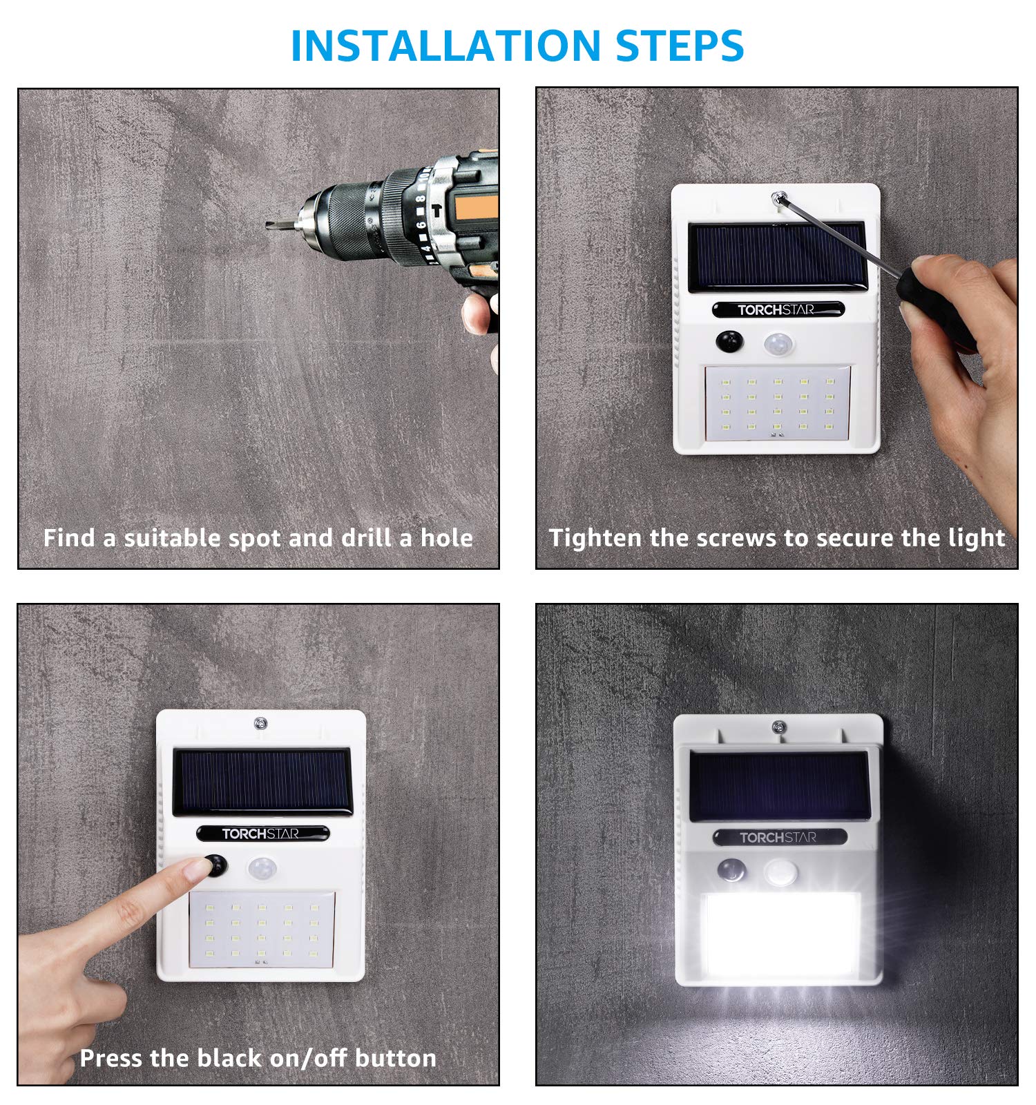 TORCHSTAR Solar Outdoor Lights with Motion Sensor - IP65 Waterproof LED Wall Lights for Driveway, Patio, Garage, Porch - 6500K Pure White, Pack of 4 - Perfect for Home Security & Nighttime Illumination