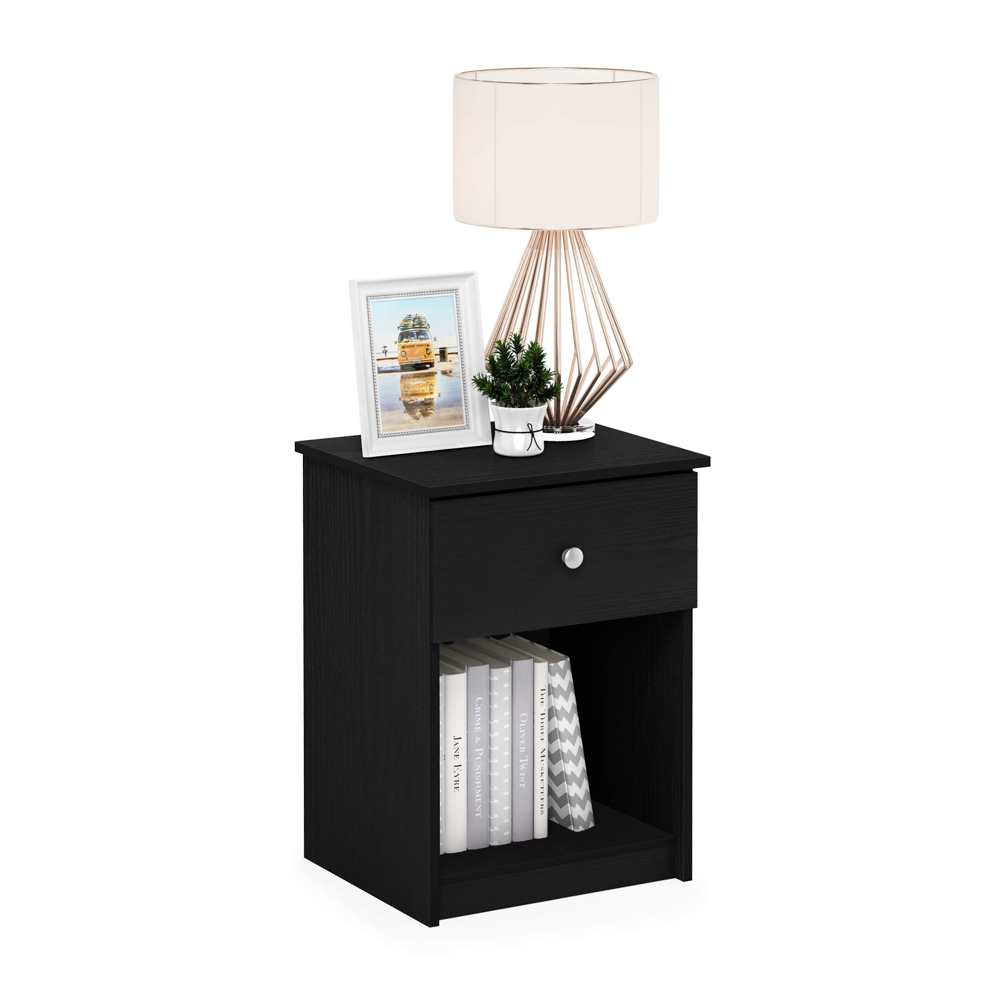 Furinno Tidur Nightstand Set of 2 - Black Oak Finish Bedside Table with Storage Shelf | Perfect for Bedrooms, Guest Rooms & Small Spaces