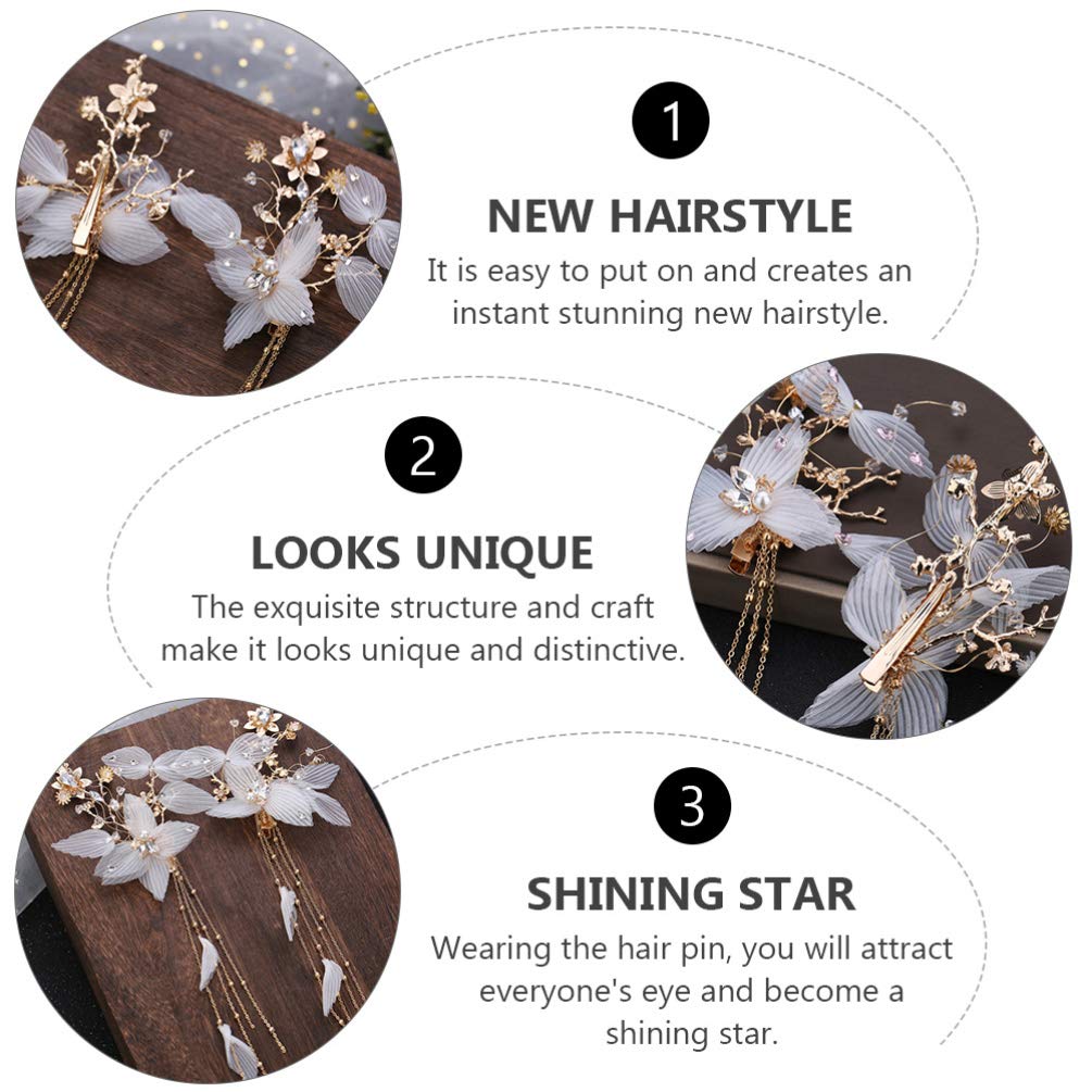 2Pcs Elegant Rhinestone Flower Hair Clips with Tassel - Chinese Style Fairy Headwear for Women & Girls - Bridal Hair Accessories (White) | Perfect for Weddings, Parties & Special Occasions
