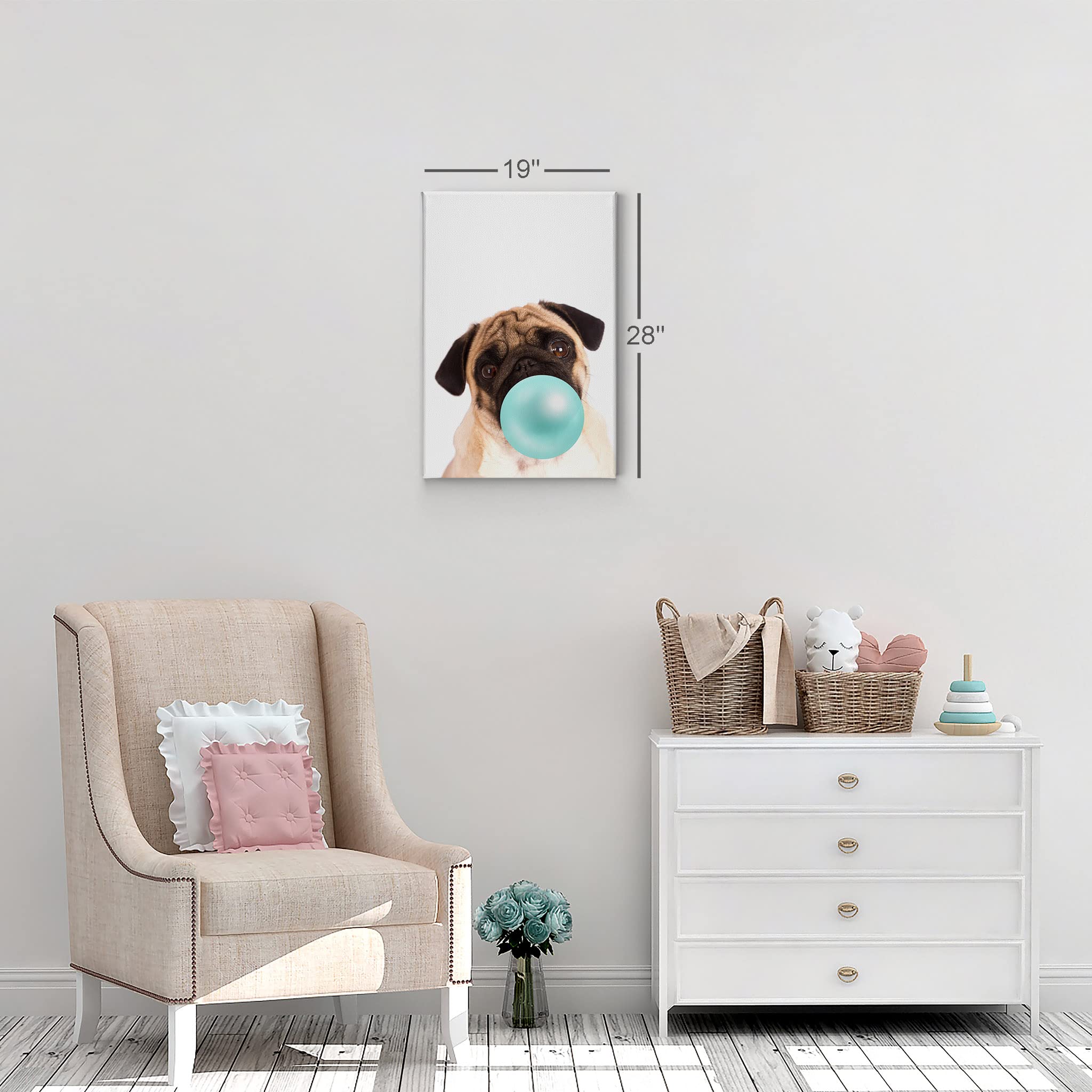 Cute Pug Dog Bubble Gum Pop Art Canvas Print - Teal Blue Animal Wall Decor for Kids Room, Nursery & Home - Ready to Hang 36x24 - Made in USA | Perfect for Pet Lovers & Modern Interior Design