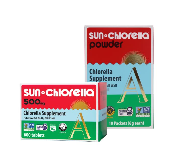 Sun Chlorella Twice As Nice Bundle - 600 Tablets & 10x6g Packets of 500mg Green Algae Superfood Supplement for Whole Body Wellness | Detox, Immune Support & Energy Boost | Perfect for Daily Health Routine & Active Lifestyle