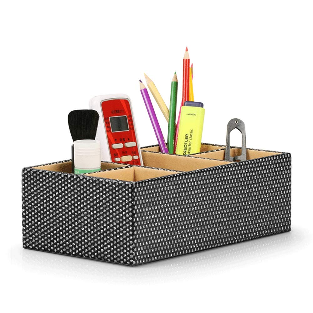 Glitter Diamond Pattern PU Leather Desk Organizer - Pen Holder, Remote Control & Phone Storage Box for Office, School, Home | Stylish Makeup & Stationery Desktop Organizer (Black) - Perfect for Workspace, Study & Vanity Organization