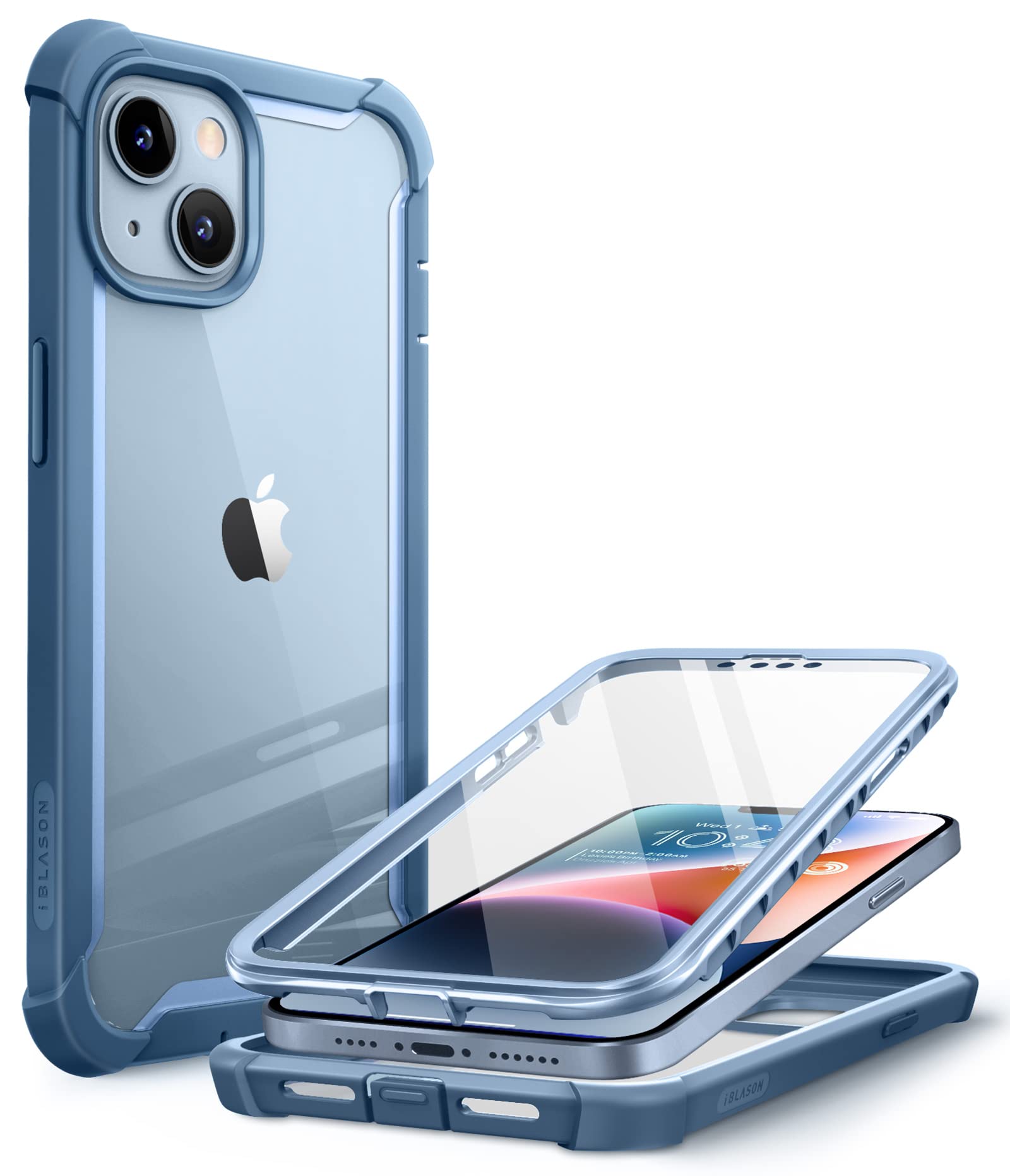 i-Blason Ares Series Rugged Clear Case for iPhone 14 (6.1 inch 2022) & iPhone 13 (6.1 inch 2021) - Dual Layer Protective Bumper with Built-in Screen Protector - Shockproof & Scratch Resistant Cover - Perfect for Outdoor Activities, Work & Daily Use (Azure)