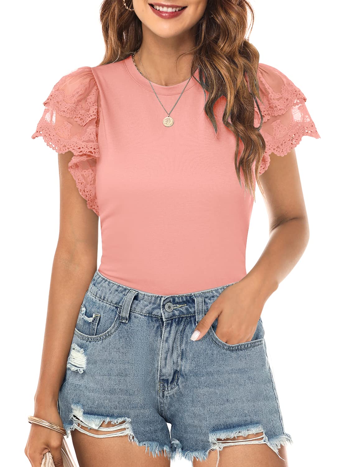 DOROSE Women's Lace Ruffle Sleeve Summer T-Shirt Blouse - Trendy 2024 Fashion Top for Casual Outings, Beach Wear & Date Nights
