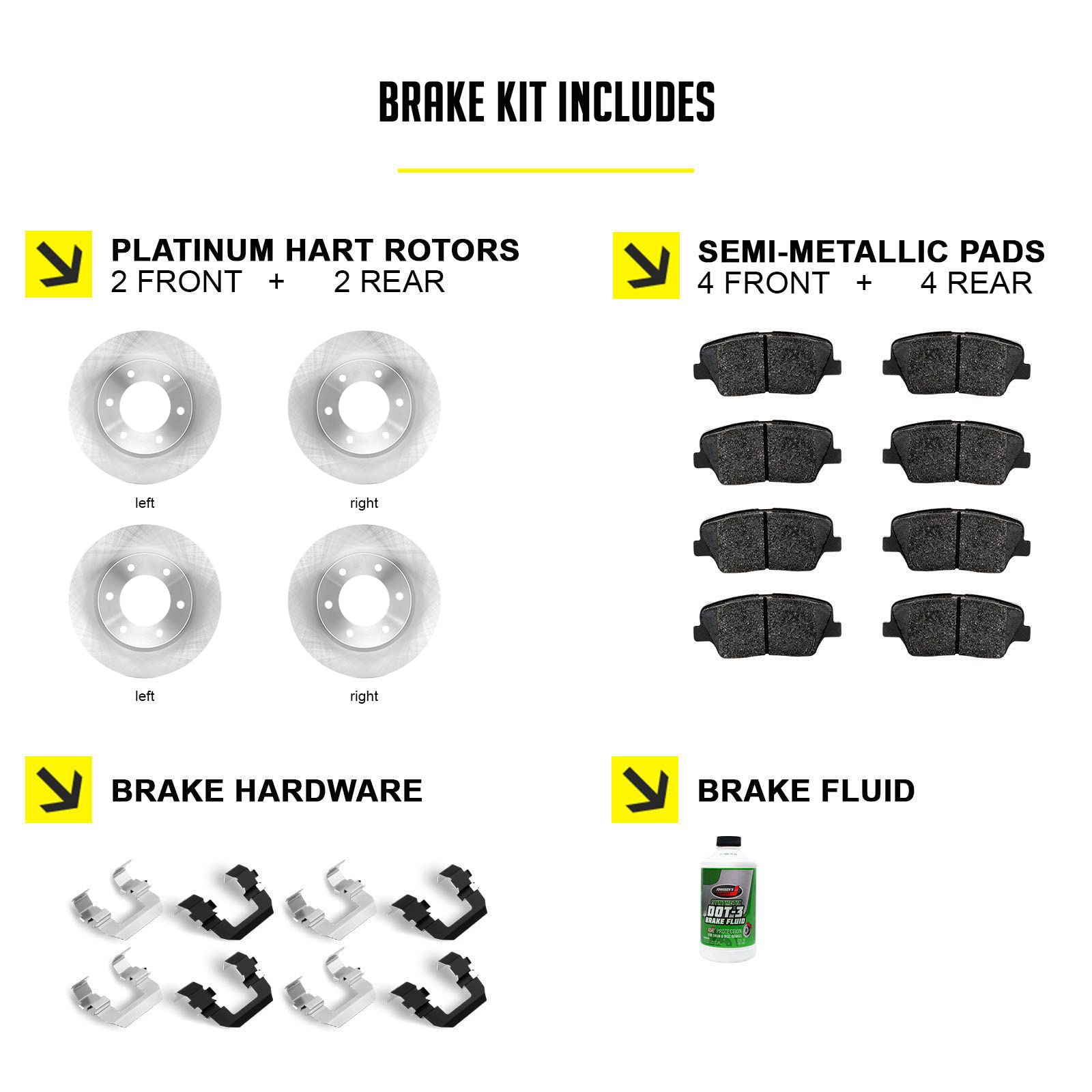 Premium Hart Front & Rear Brake Kit with Semi-Metallic Pads & Rotors | Complete Brake System Replacement Set | Hardware Included - RBBC.63215.43 | Ideal for Daily Commuting, Highway Driving & Performance Vehicles