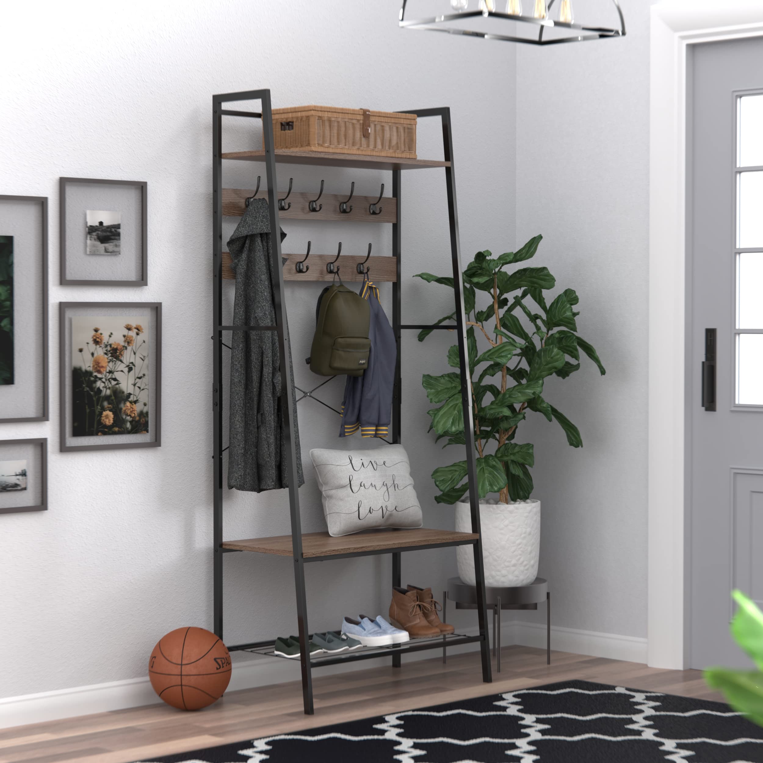 ClosetMaid Hall Tree with Shoe Bench - 9 Hooks & Storage Shelf Ladder Design - Weathered Gray/Black Metal - Perfect for Entryway, Mudroom & Home Organization