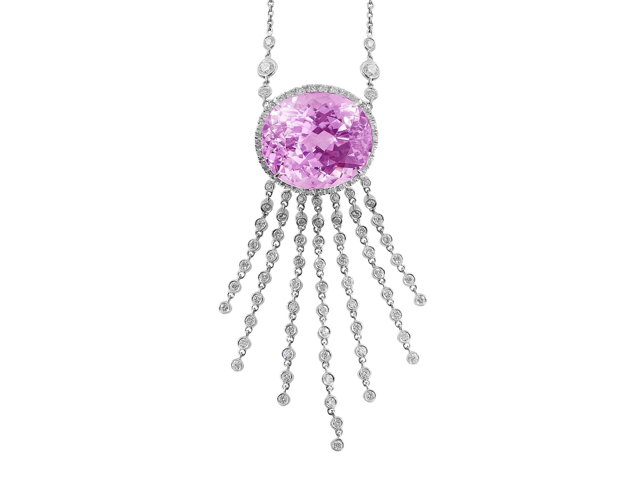 18K White Gold Diamond Kunzite Pendant Necklace for Women - Elegant Birthstone Jewelry Gift for Anniversary, Valentine's Day & Special Occasions