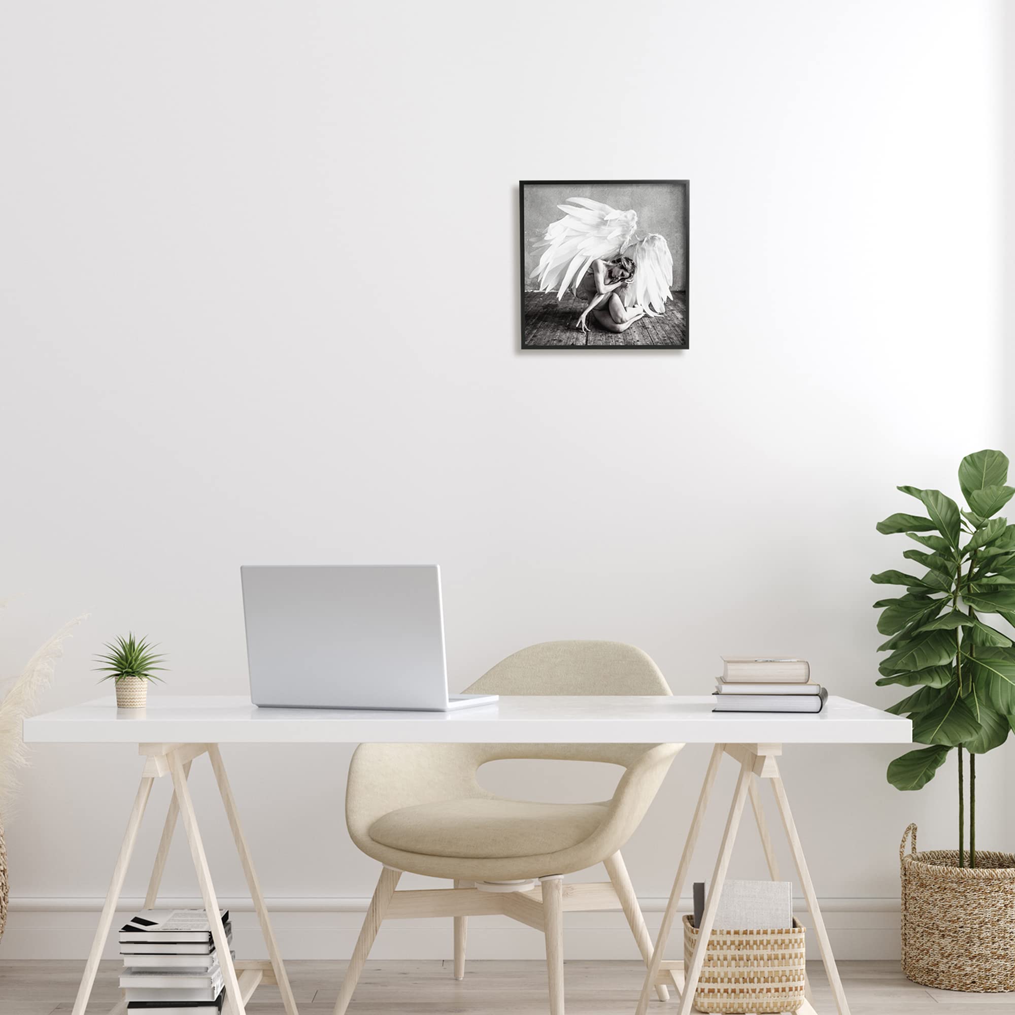 Stupell Industries White Angel Wings Photography Wall Art - Elegant Monochrome Woman Portrait by Nicholas Ivins - Perfect for Bedroom Decor, Living Room Accent & Spiritual Gift